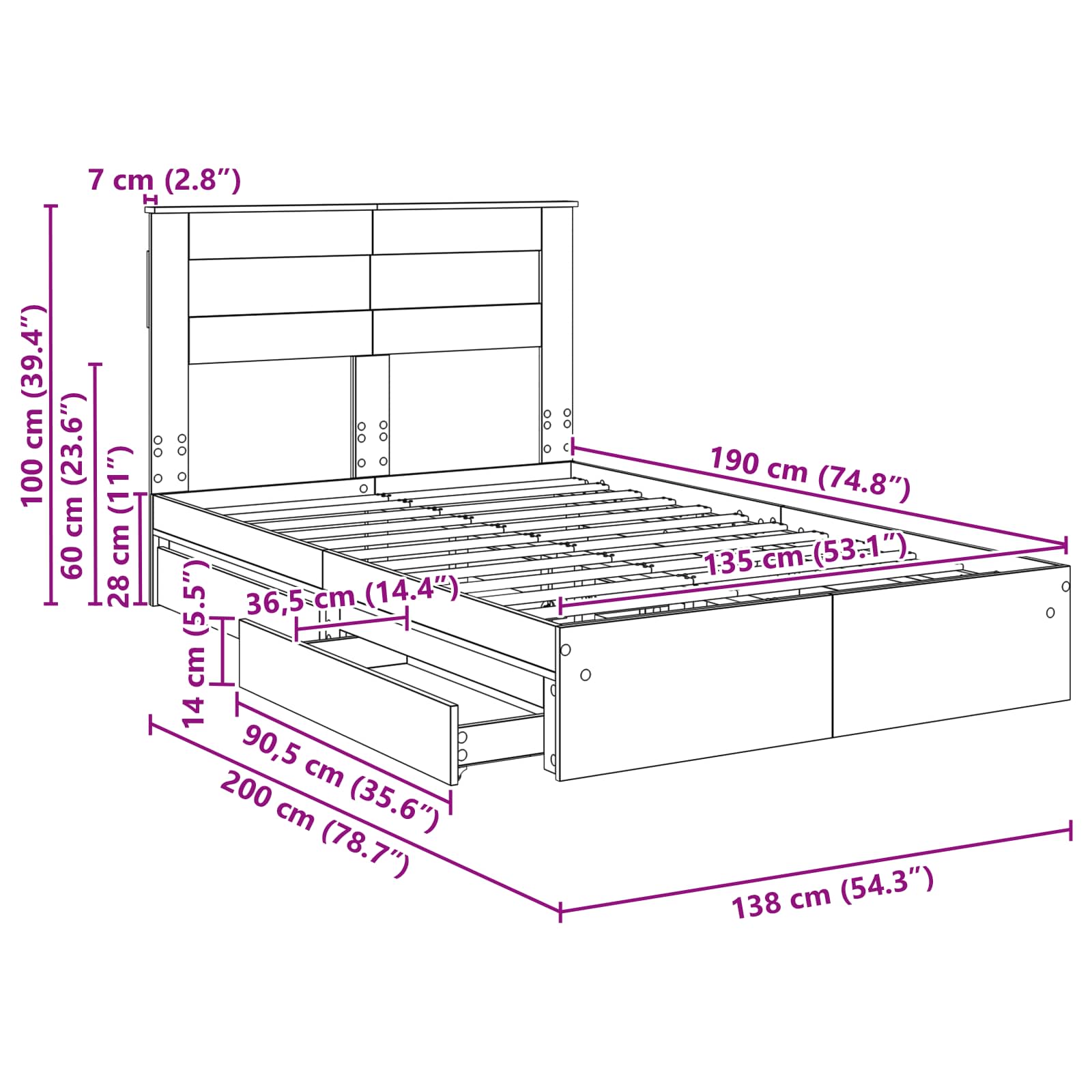 Krevet s od storage s uzglavljem Betonski sivi 135 x 190 cm