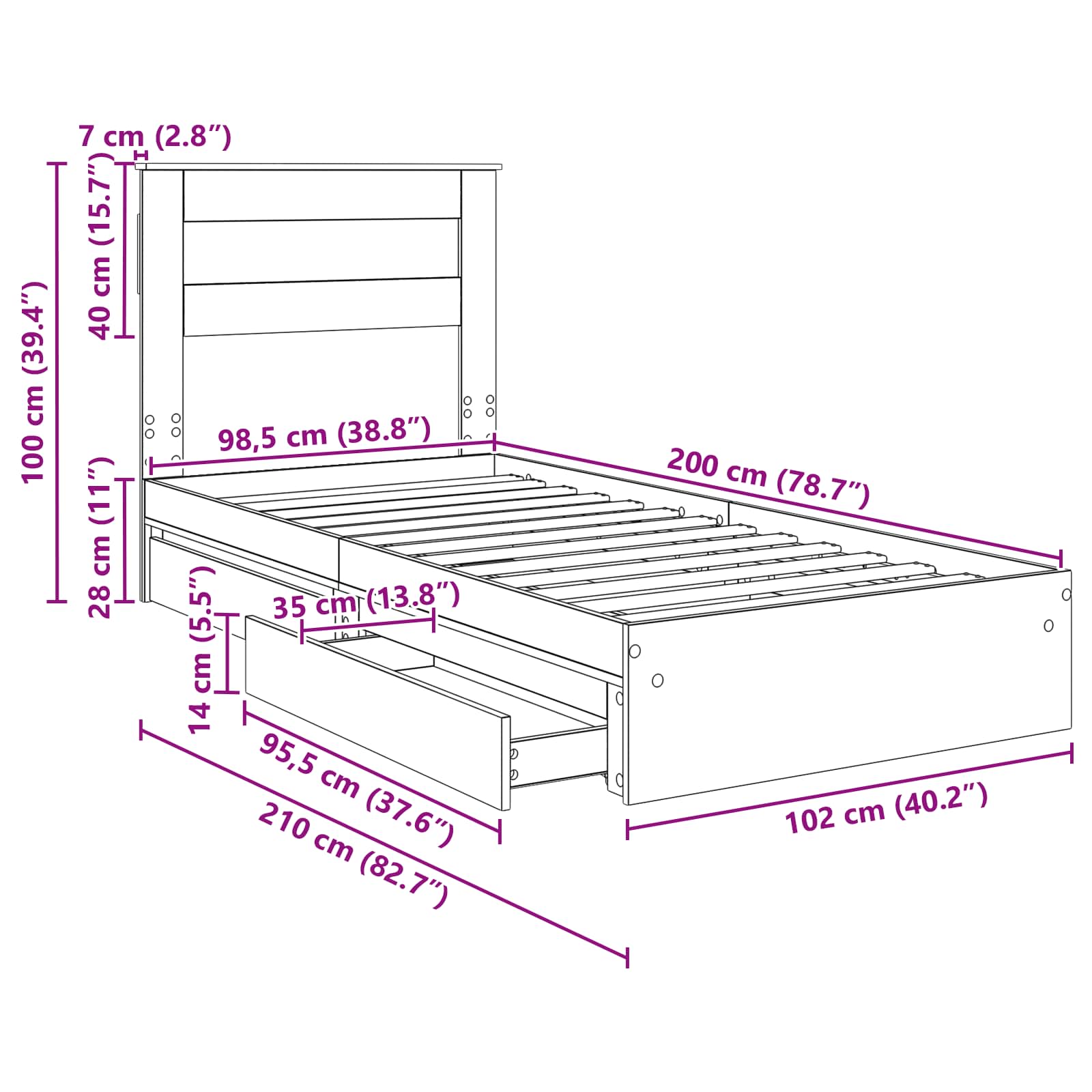 Krevet s od storage s uzglavljem Dimljeni hrast 100 x 200 cm
