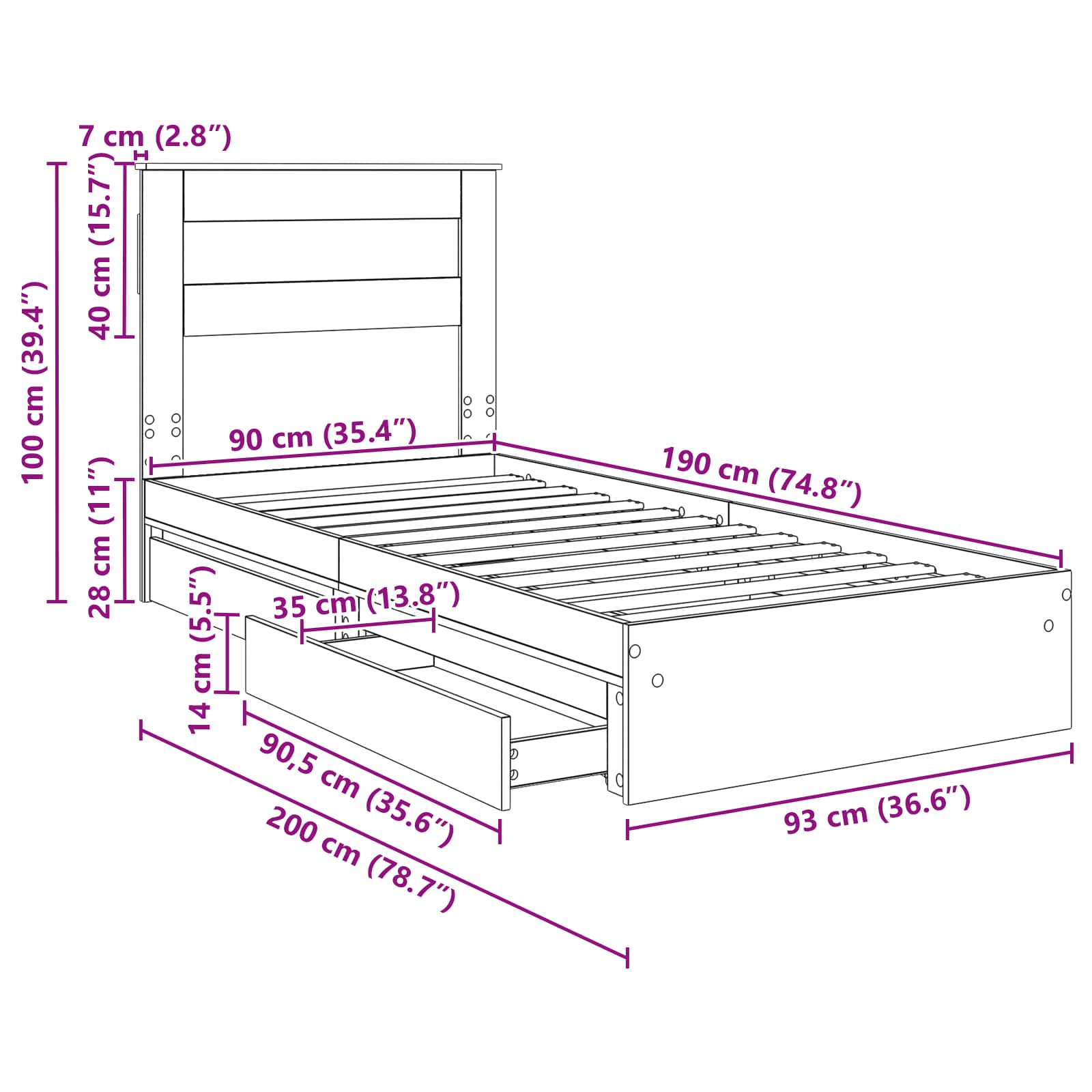 Krevet s od storage Betonski sivi 90 x 190 cm Konstruirano drvo