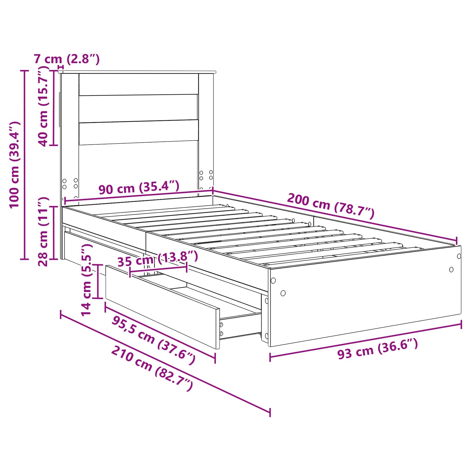 Krevet s od storage s uzglavljem Dimljeni hrast 90 x 200 cm