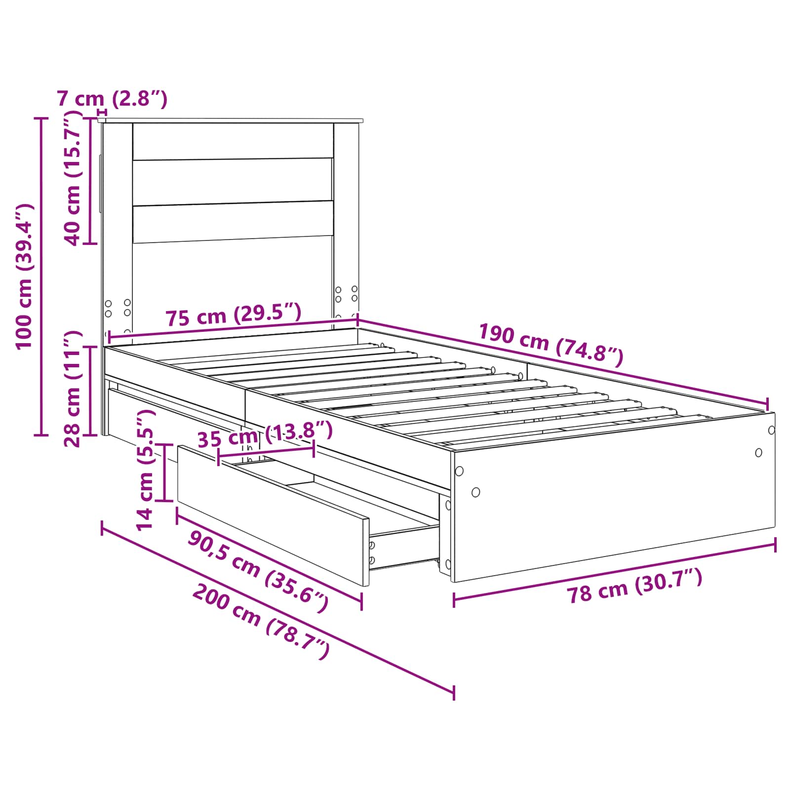 Krevet s od storage Bijelo 75 x 190 cm Konstruirano drvo
