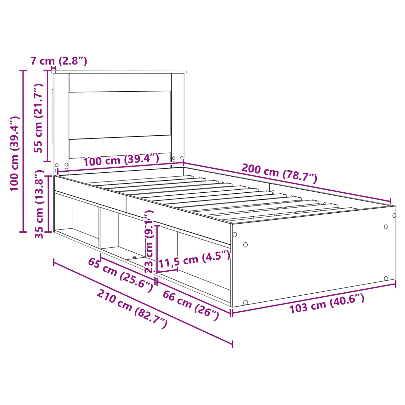 Krevetna konstrukcija s uzglavljem Staro drvo 100 x 200 cm