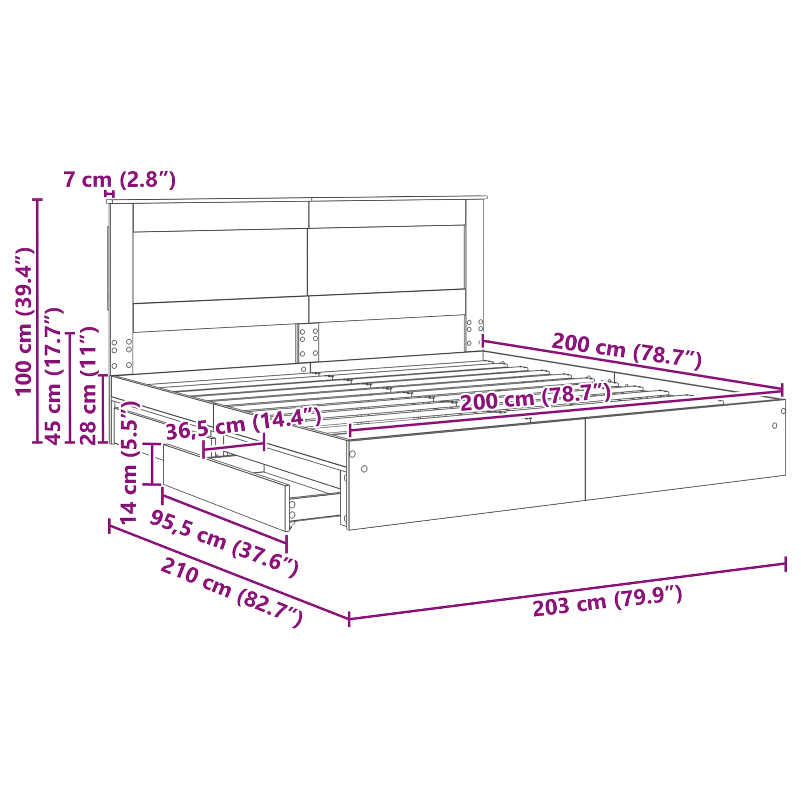Krevet s od storage s ladicama Betonski sivi 200 x 200 cm