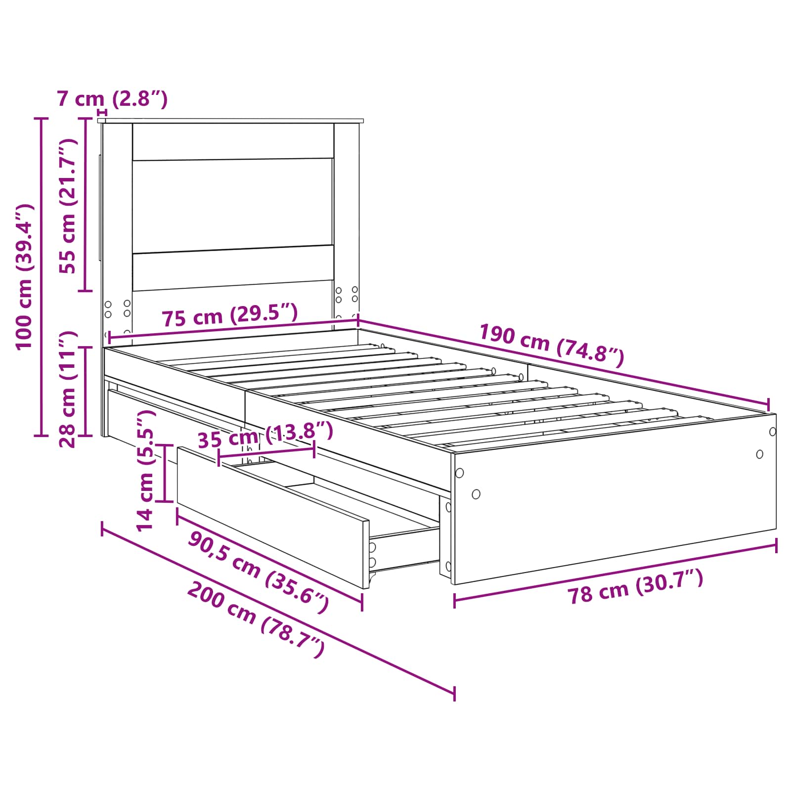 Krevet s od storage Betonski sivi 75 x 190 cm Konstruirano drvo
