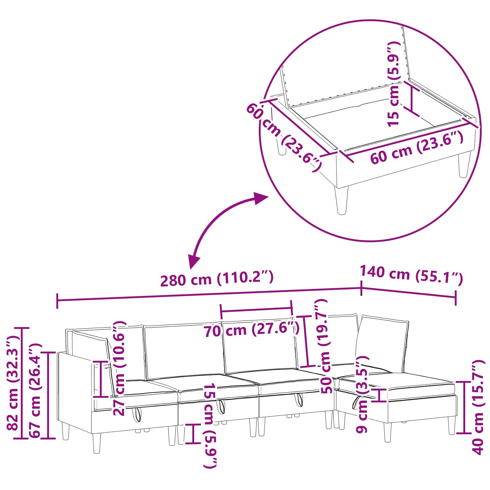 Set namještaja za dnevni boravak 5 pcs Crna Tkanina