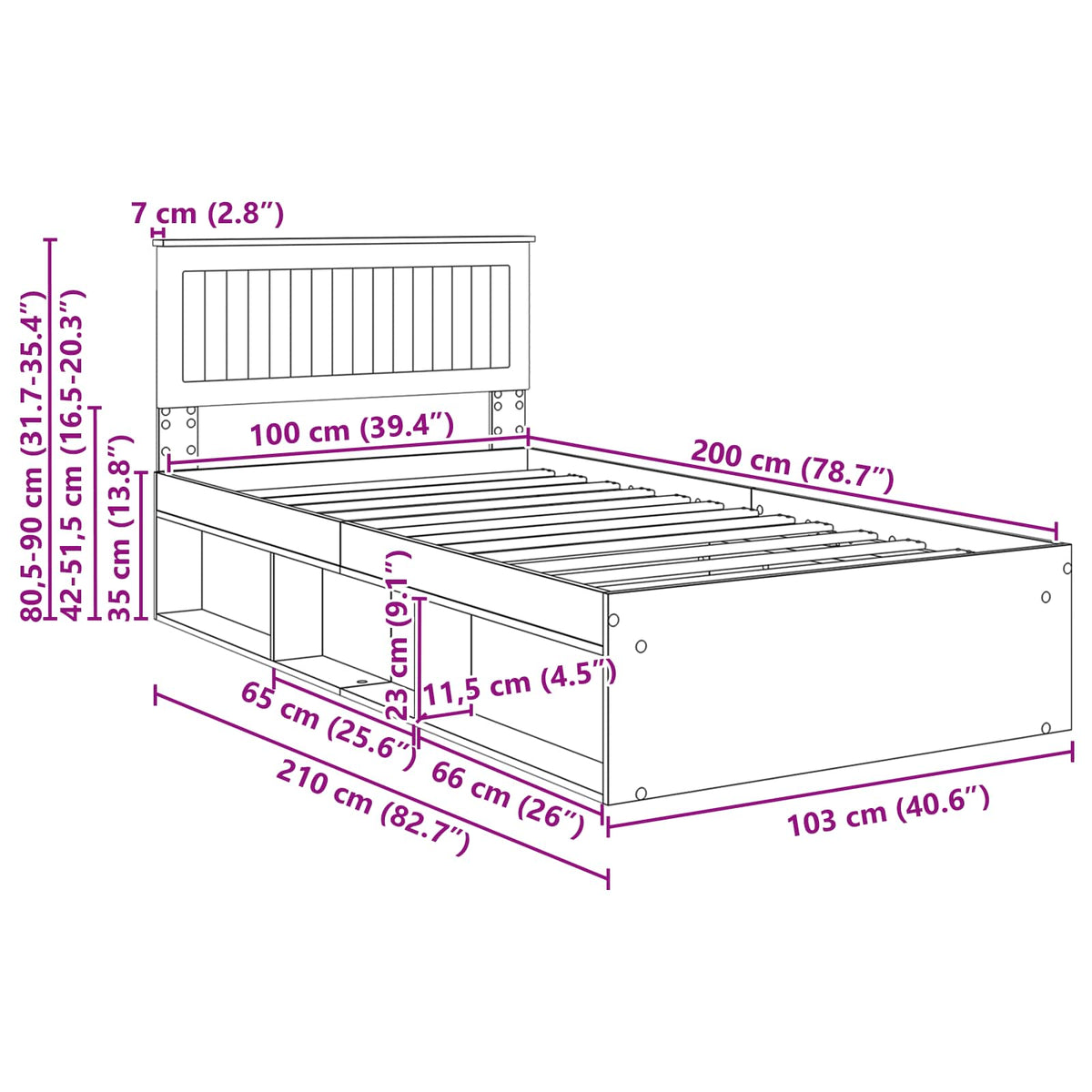 Krevetna konstrukcija Crna 100 x 200 cm Čvrsto borovo drvo