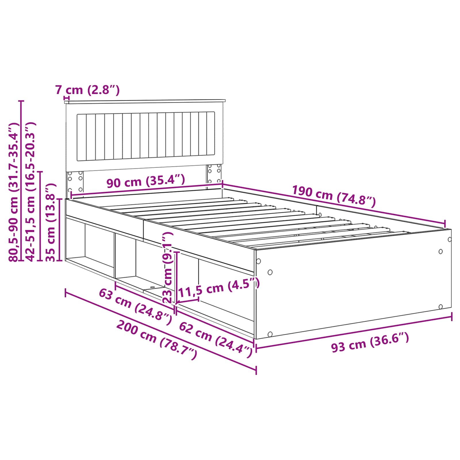 Krevetna konstrukcija Crna 90 x 190 cm Čvrsto borovo drvo
