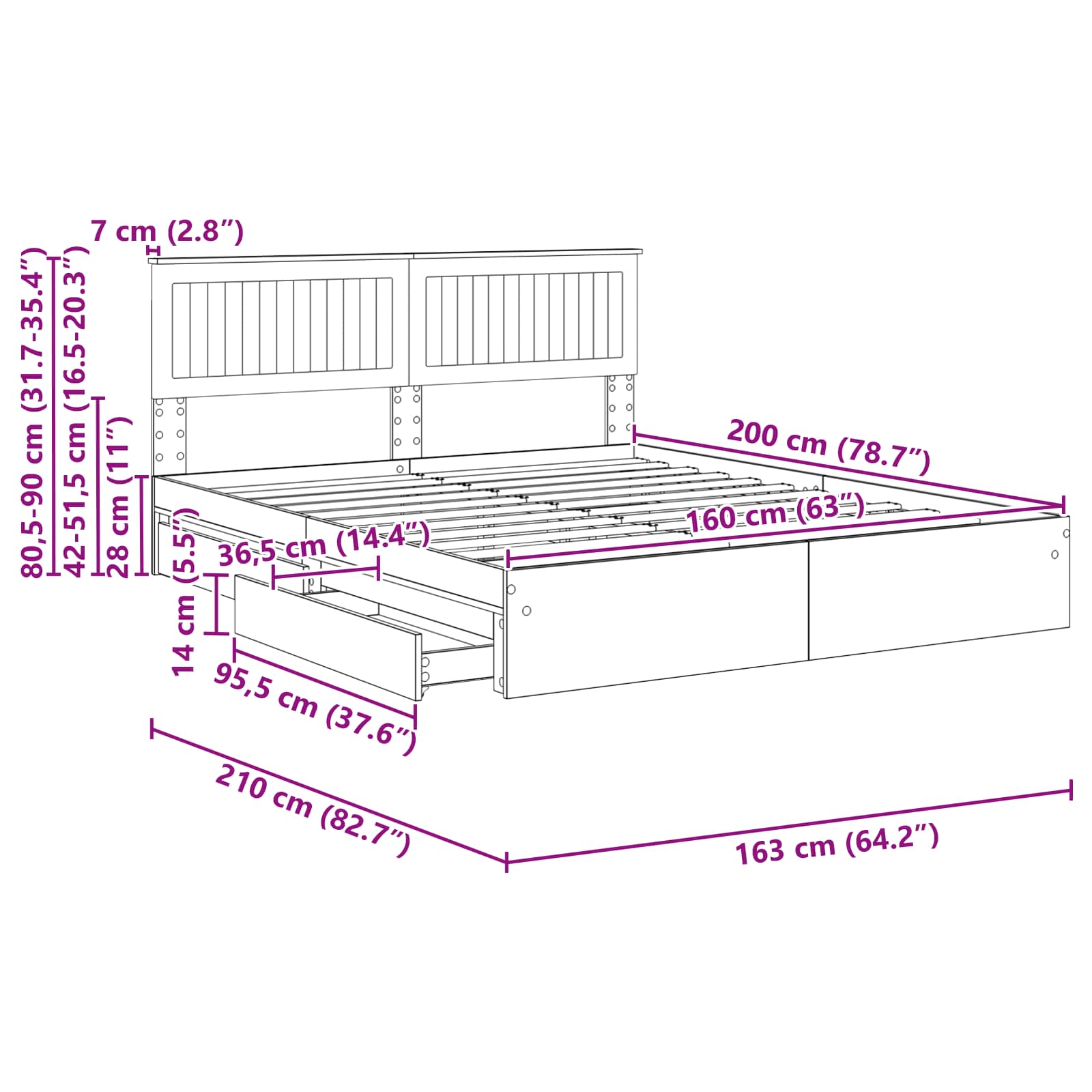 Krevet s od storage Bijelo 160 x 200 cm Konstruirano drvo