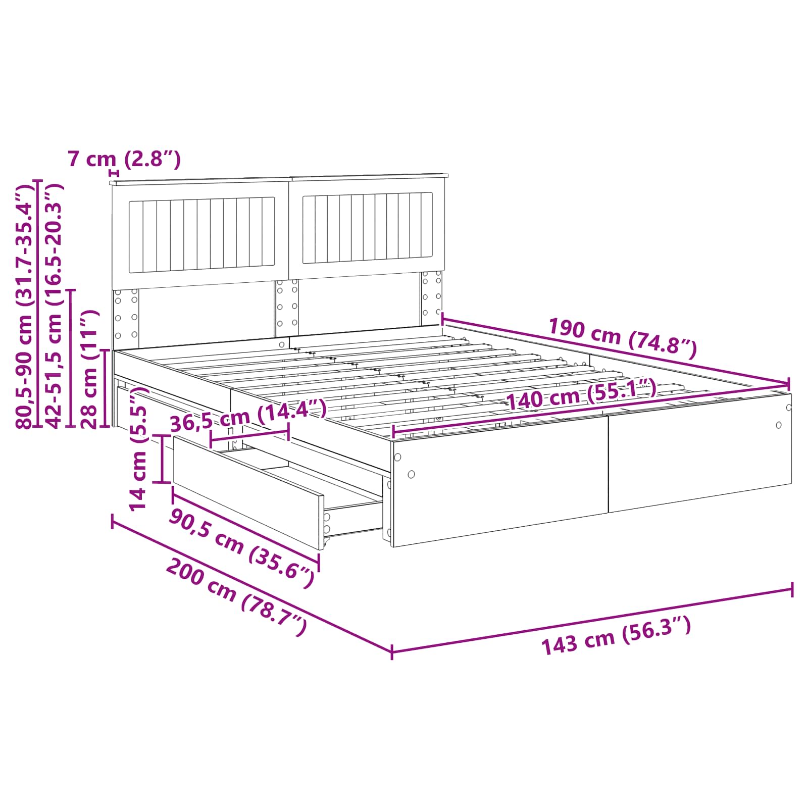 Krevet s od storage Sonoma hrast 140 x 190 cm Konstruirano drvo
