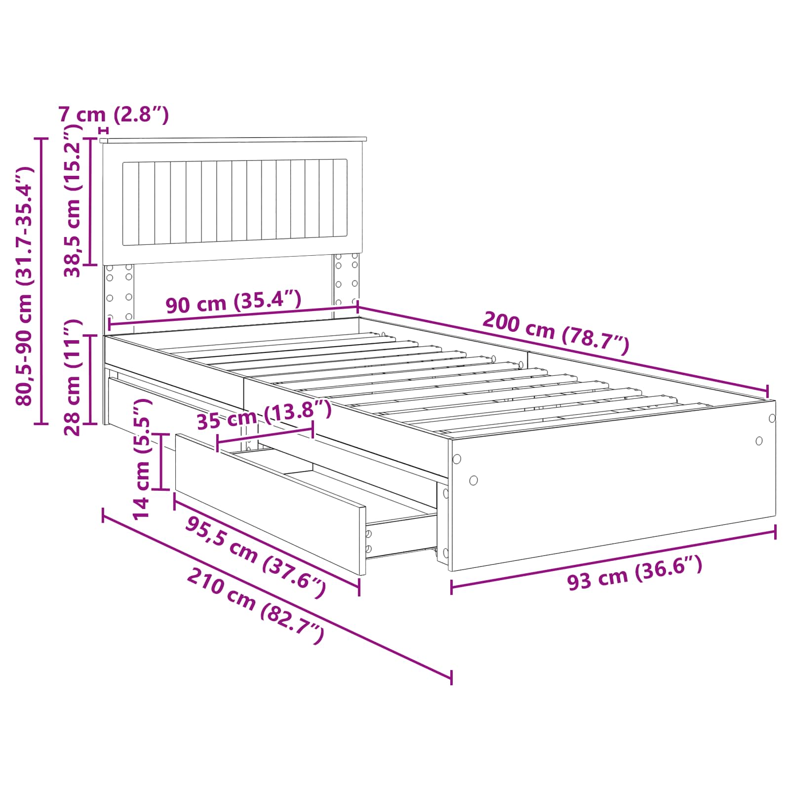 Krevet s od storage Bijelo 90 x 200 cm Konstruirano drvo