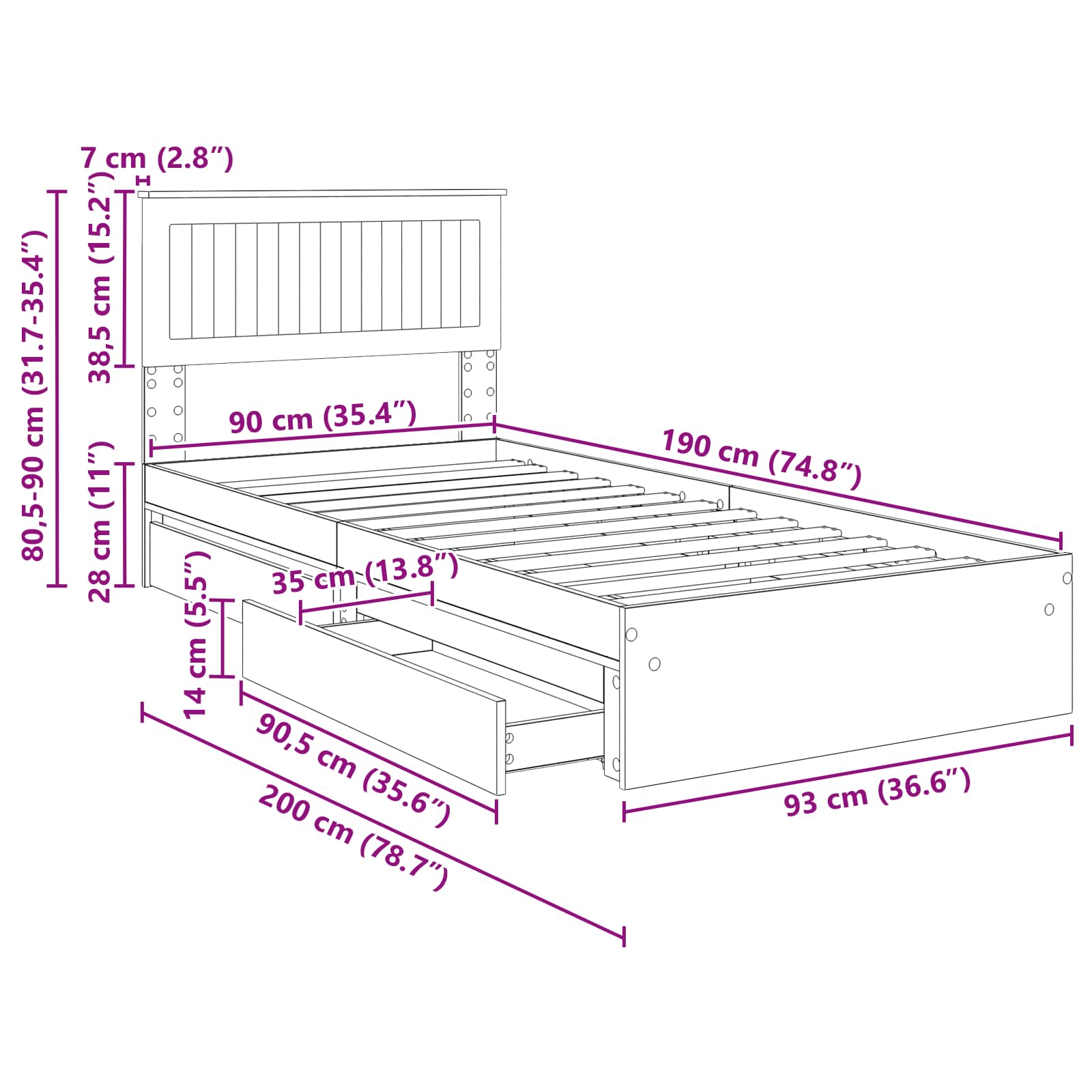 Krevet s od storage Betonski sivi 90 x 190 cm Konstruirano drvo