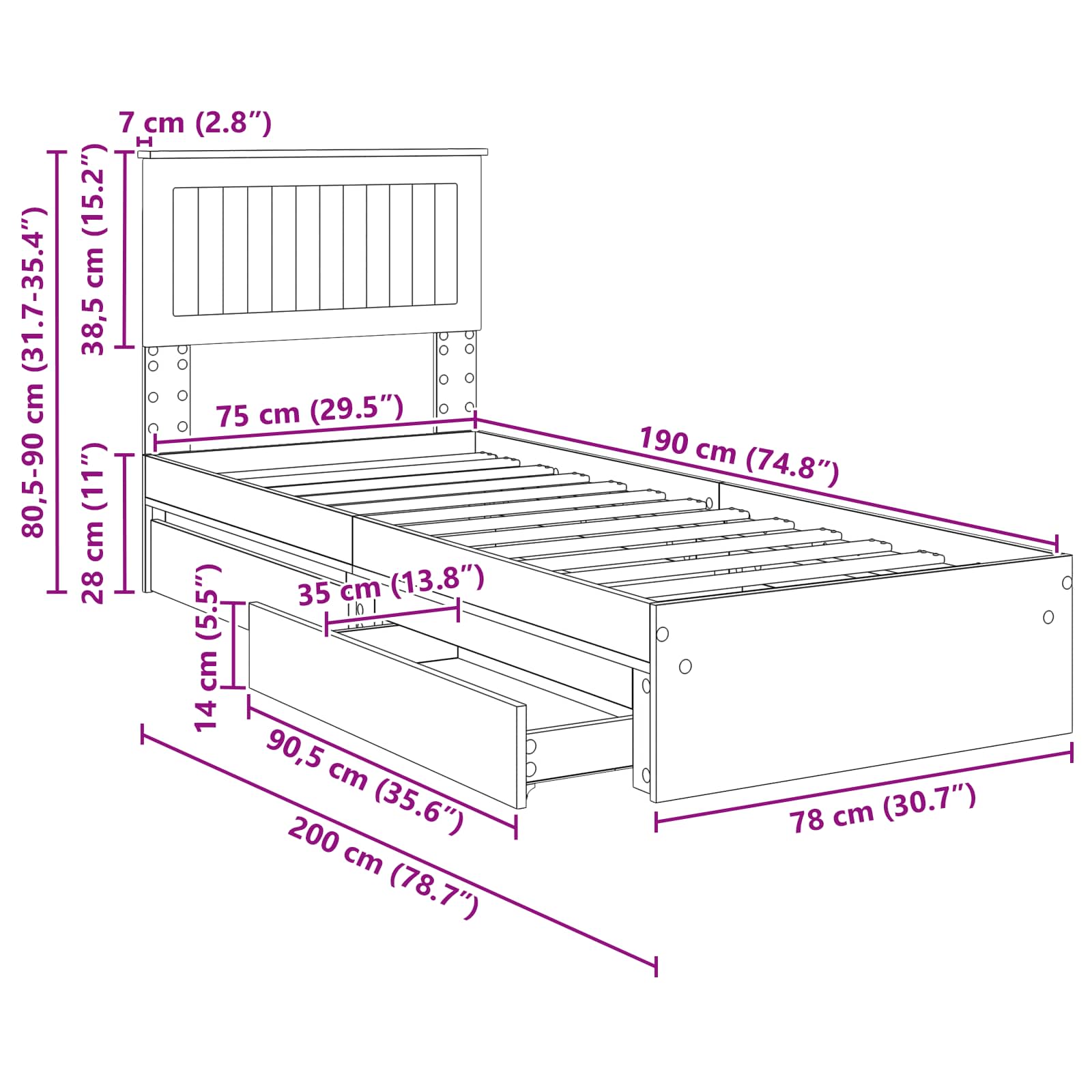 Krevet s od storage Betonski sivi 75 x 190 cm Konstruirano drvo