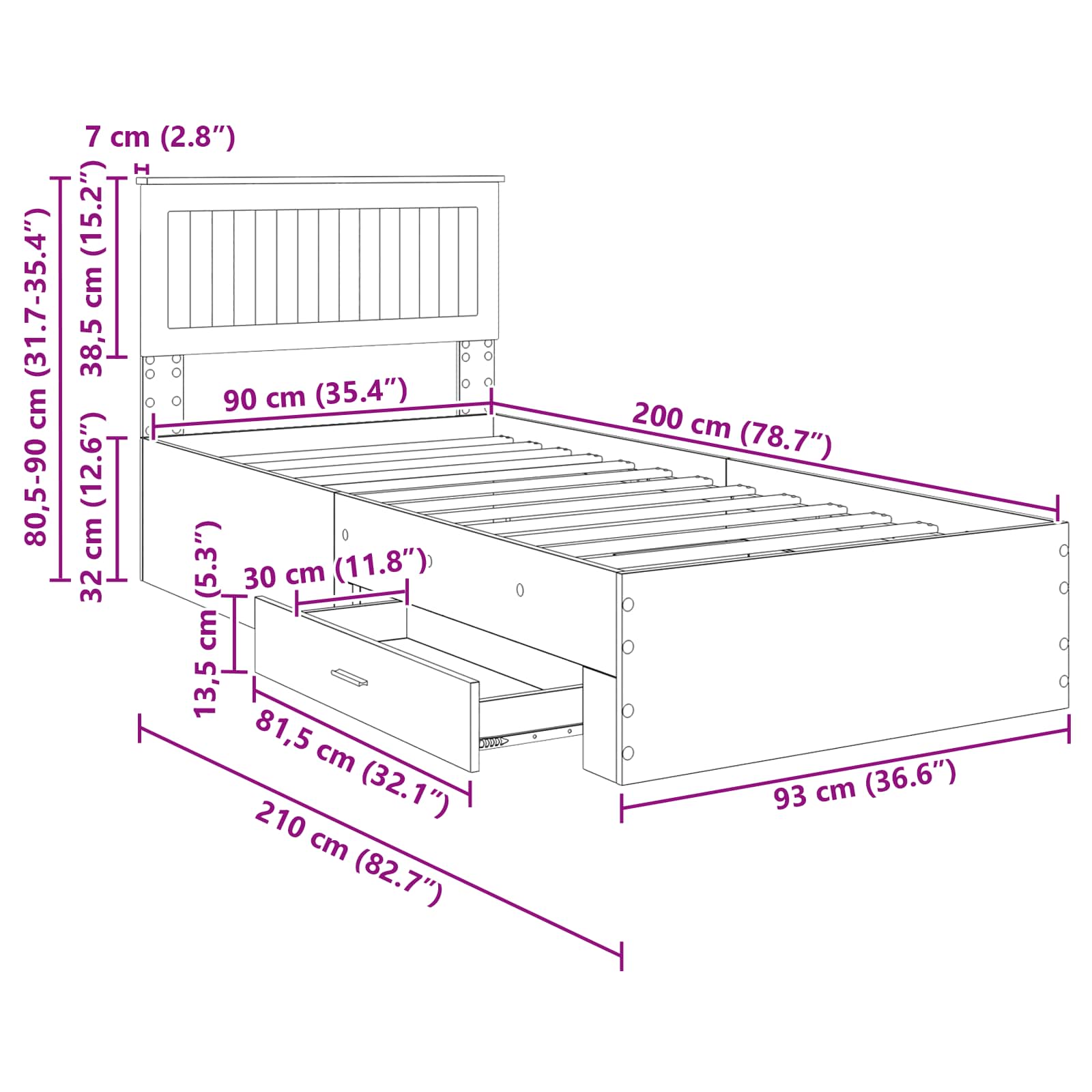 Krevetna konstrukcija s uzglavljem Sonoma hrast 90 x 200 cm