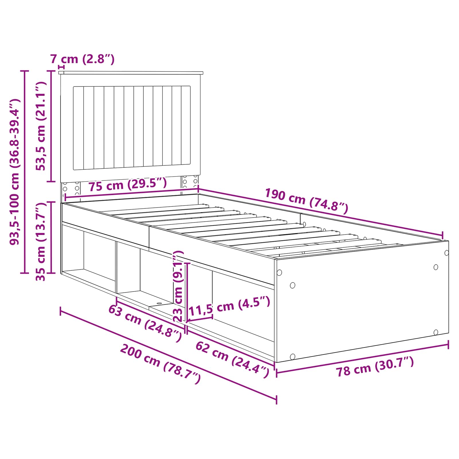 Krevetna konstrukcija Bijelo 75 x 190 cm Čvrsto borovo drvo