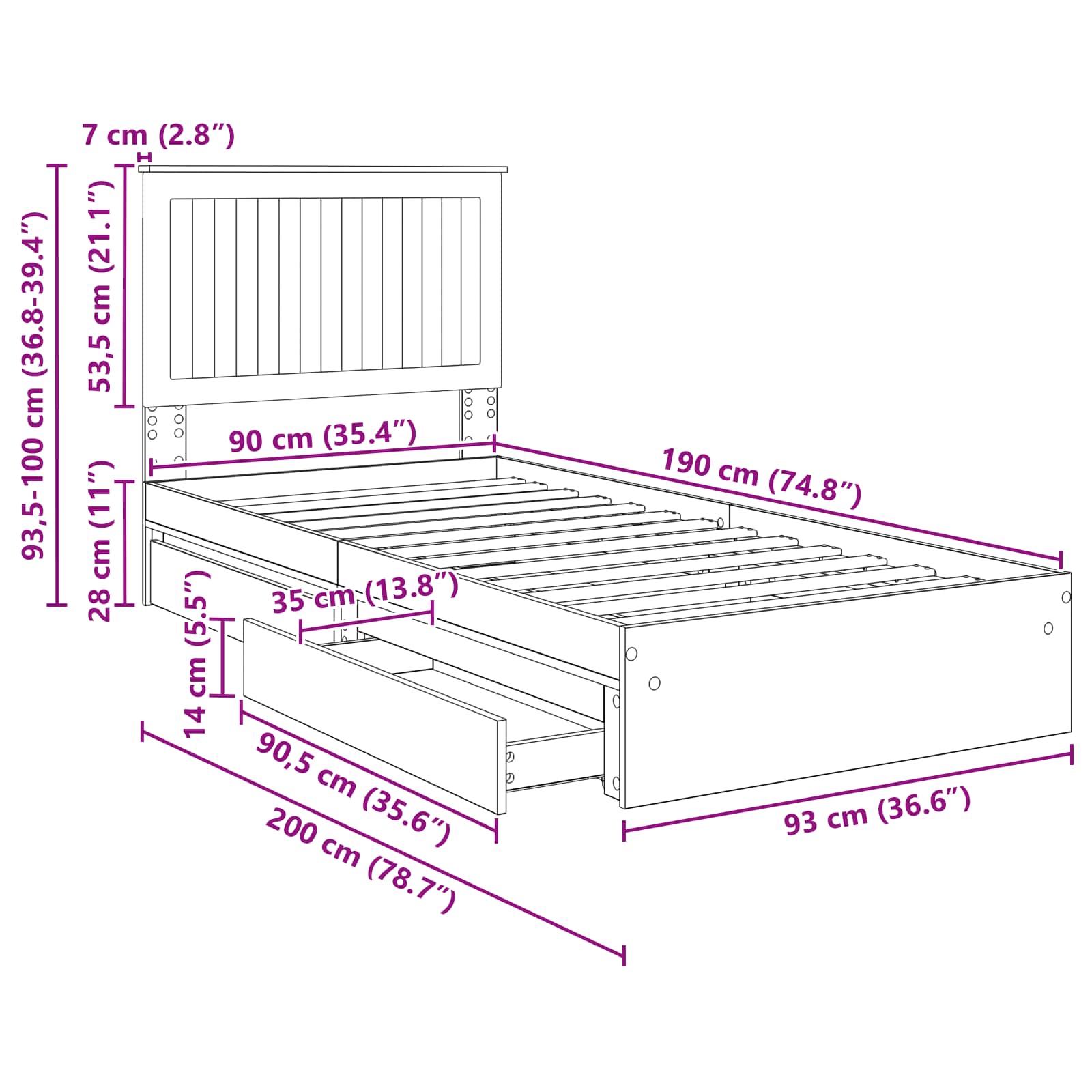 Krevet s od storage Siva Sonoma 90 x 190 cm Konstruirano drvo
