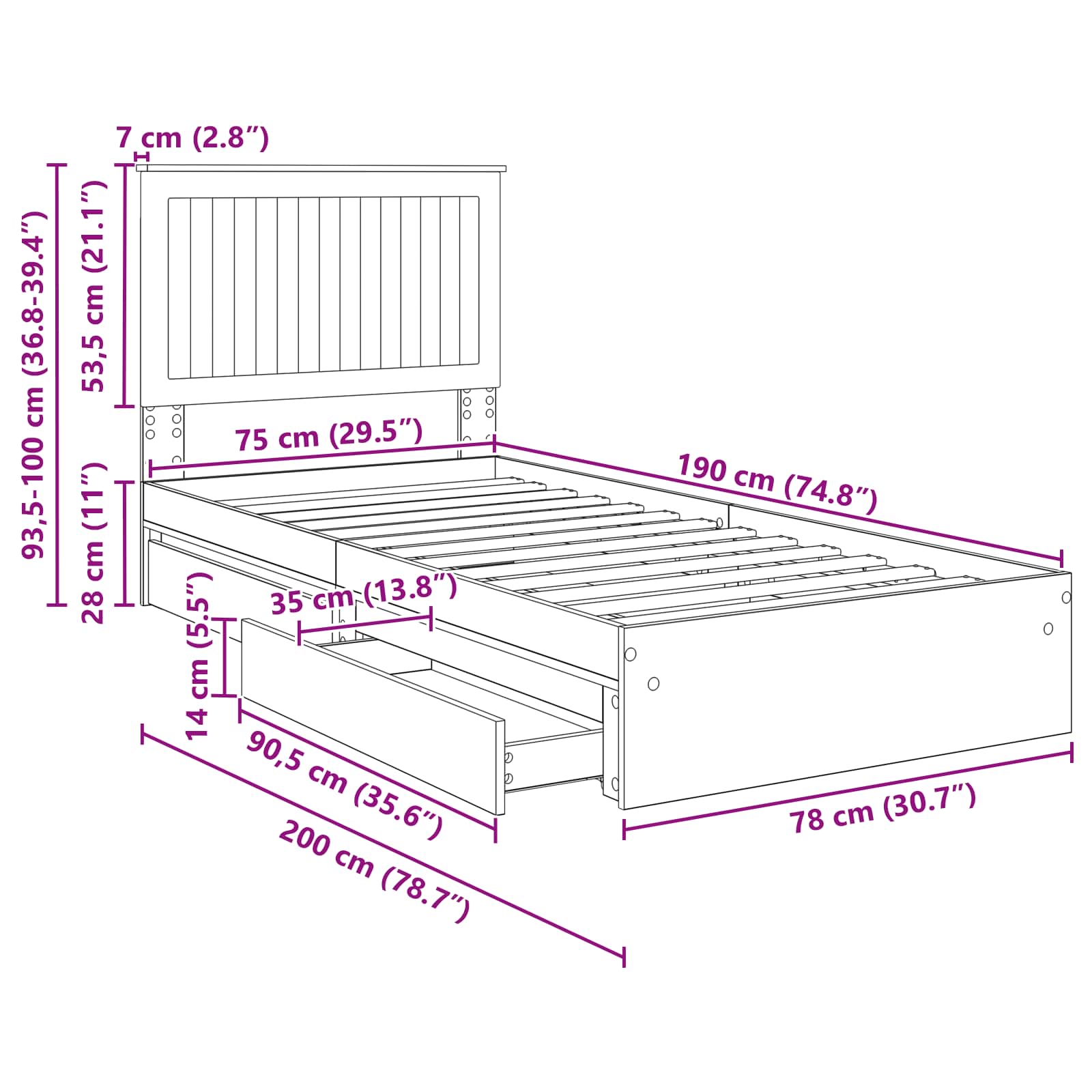 Krevet s od storage s uzglavljem Dimljeni hrast 75 x 190 cm