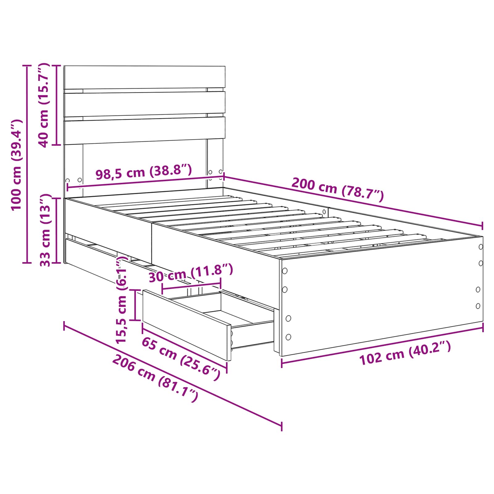 Krevetna konstrukcija s ladicama Sonoma hrast 100 x 200 cm