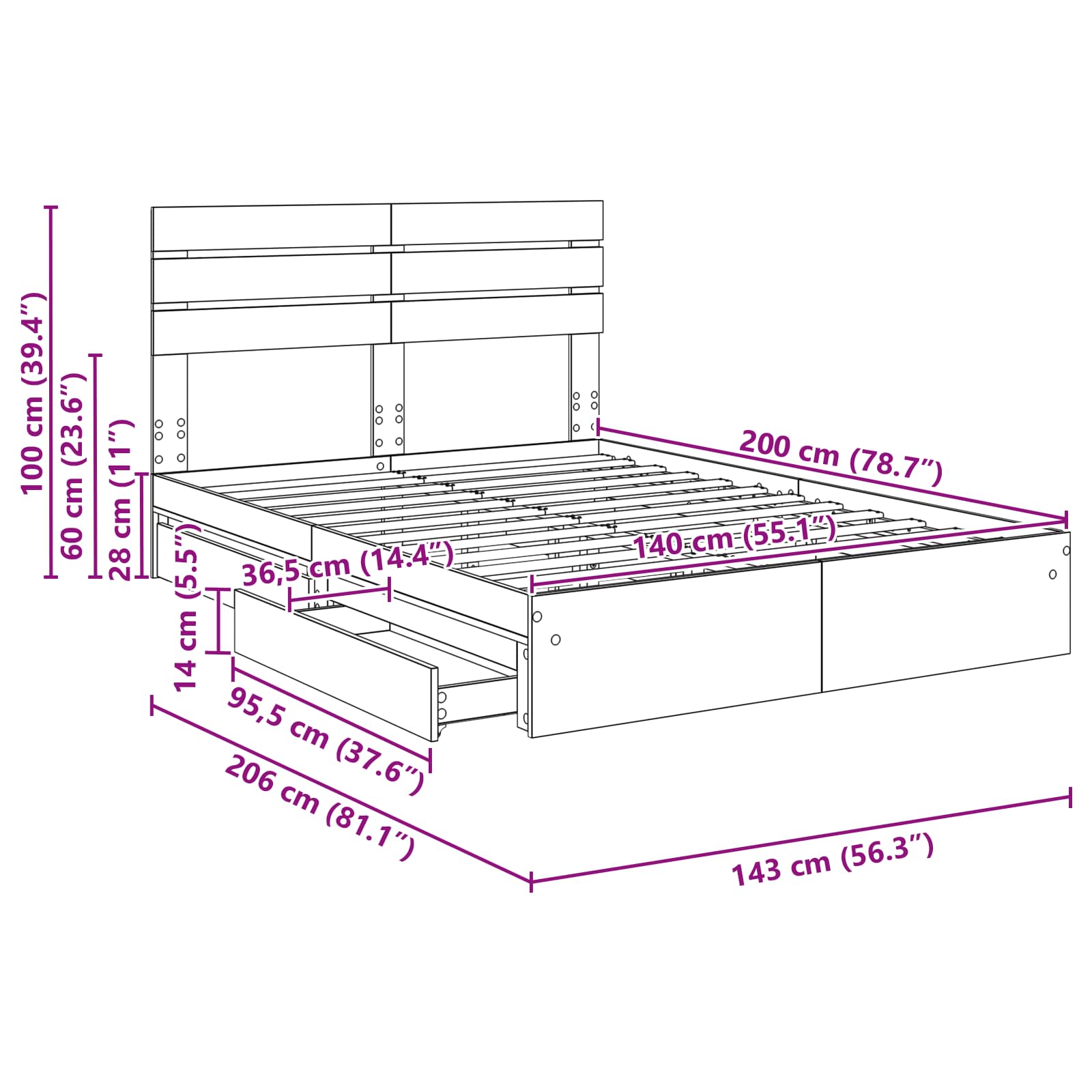 Krevet s od storage Siva Sonoma 140 x 200 cm Konstruirano drvo
