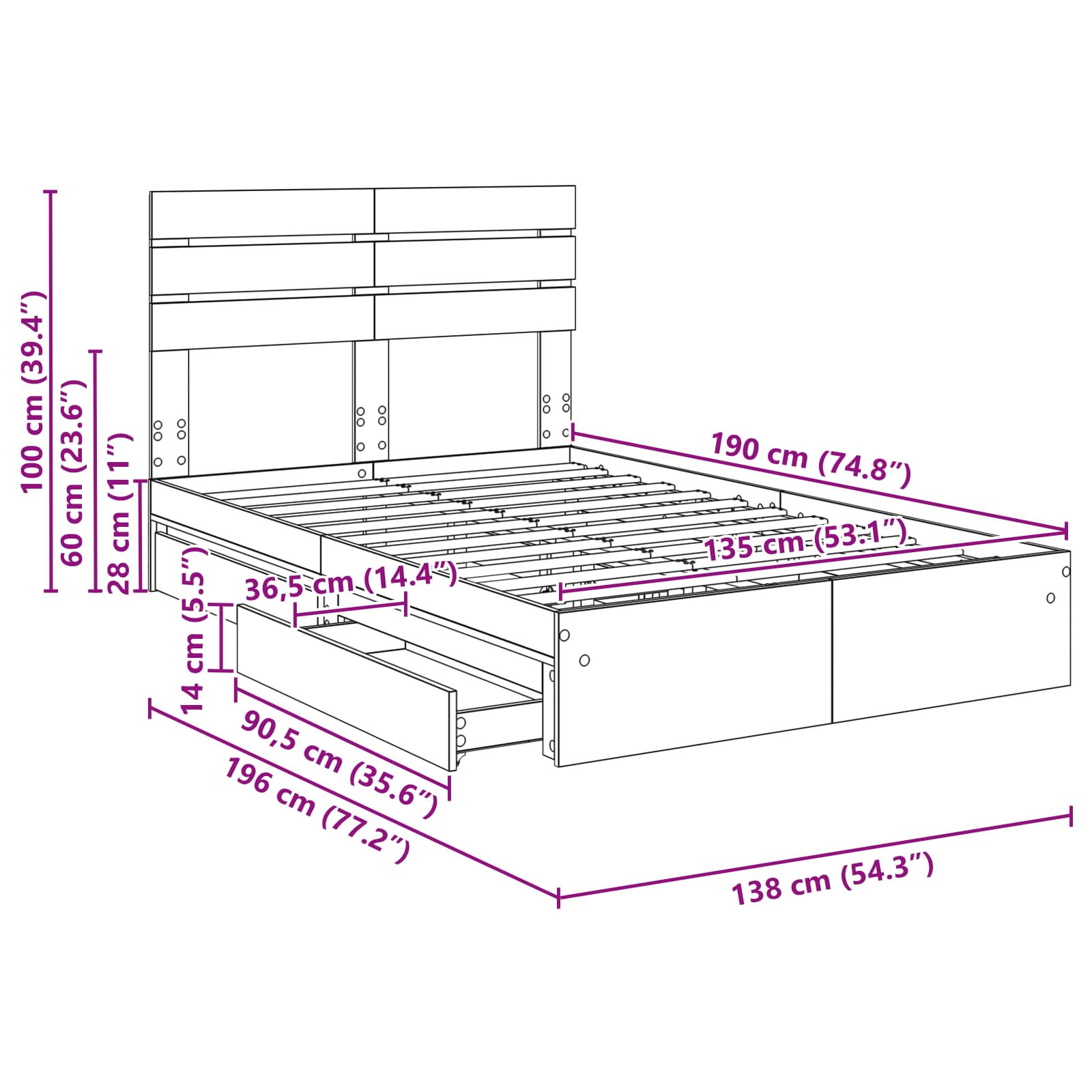 Krevet s od storage s uzglavljem Betonski sivi 135 x 190 cm