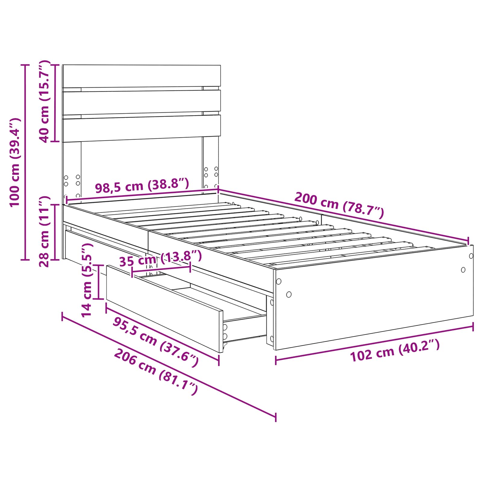 Krevet s od storage s uzglavljem Dimljeni hrast 100 x 200 cm