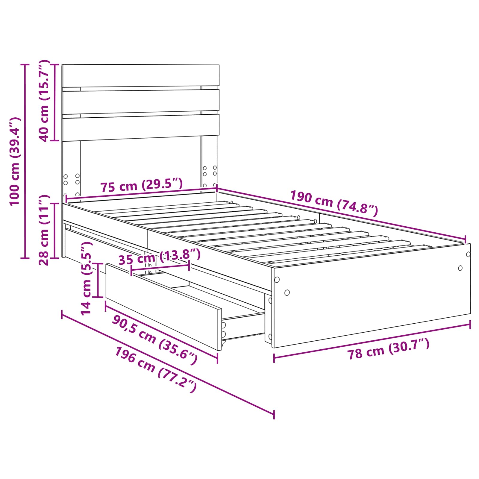 Krevet s od storage s uzglavljem Dimljeni hrast 75 x 190 cm