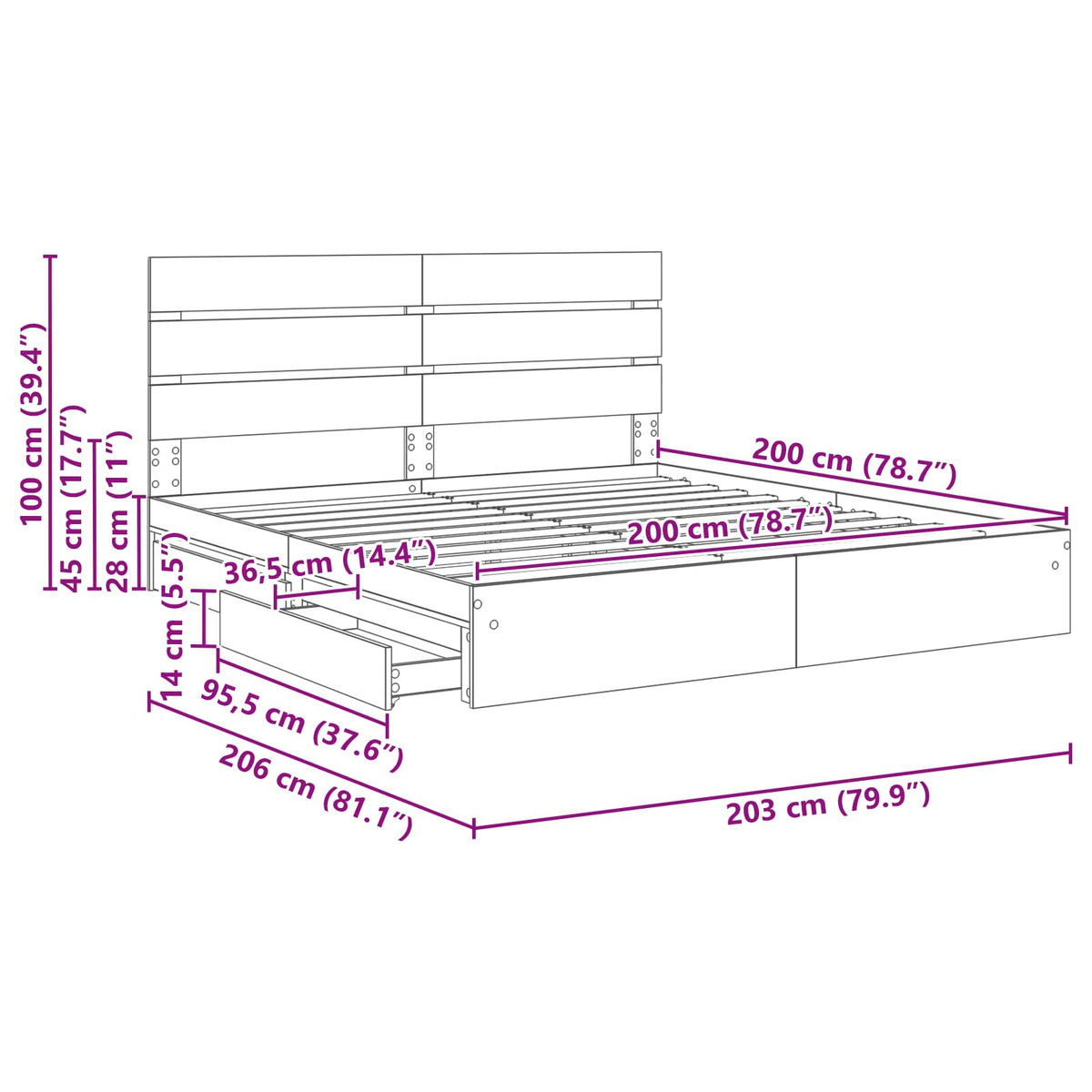 Krevet s od storage s ladicama Betonski sivi 200 x 200 cm