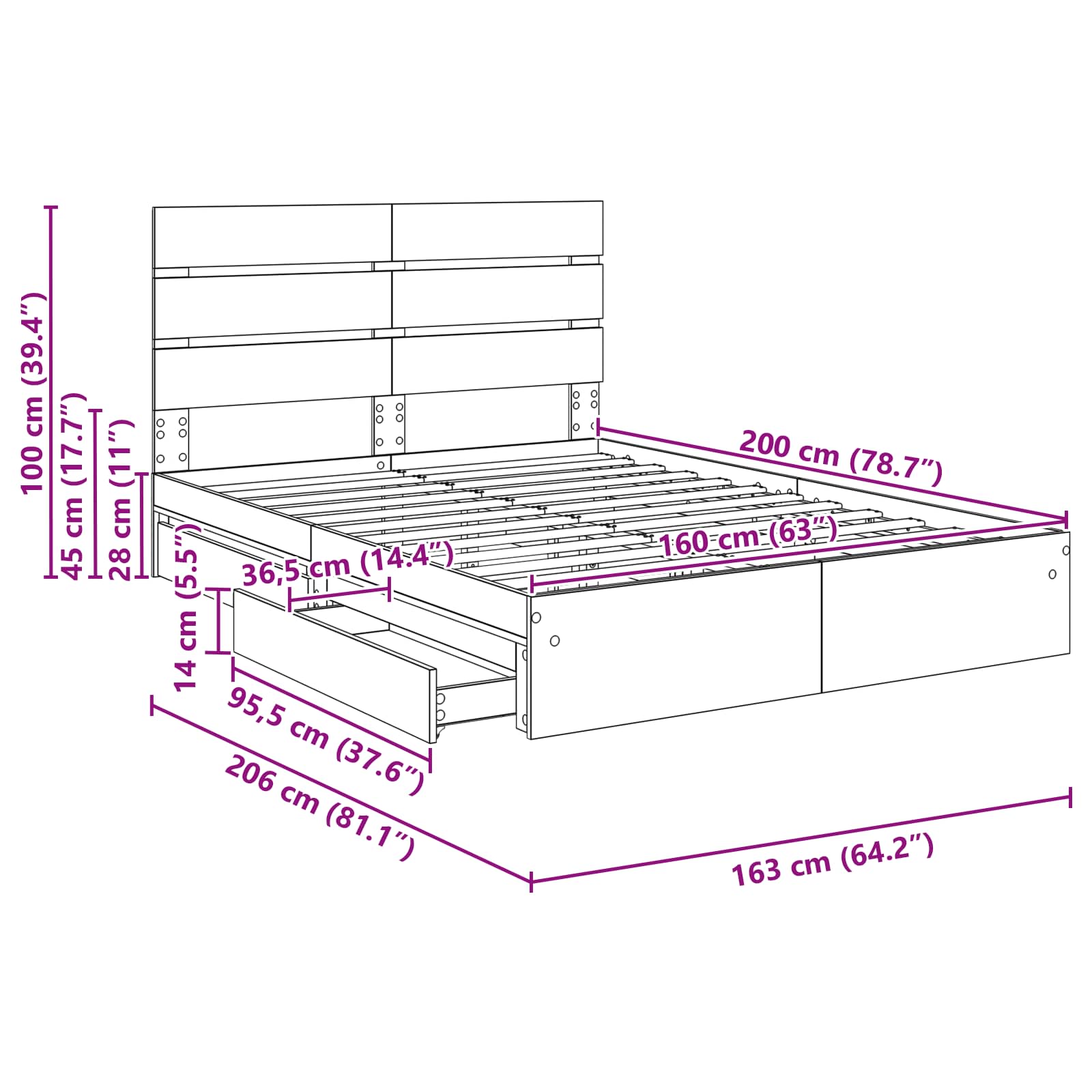 Krevet s od storage s uzglavljem Dimljeni hrast 160 x 200 cm