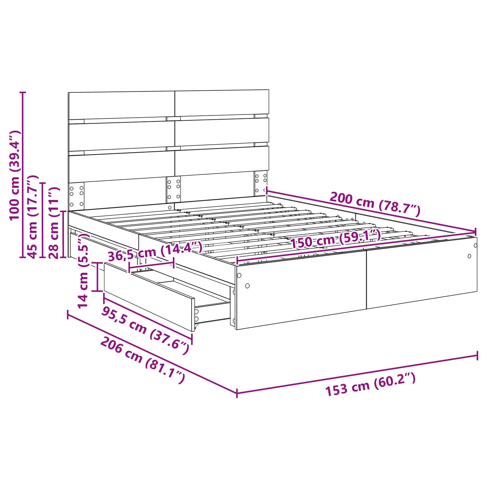 Krevet s od storage s uzglavljem Betonski sivi 150 x 200 cm
