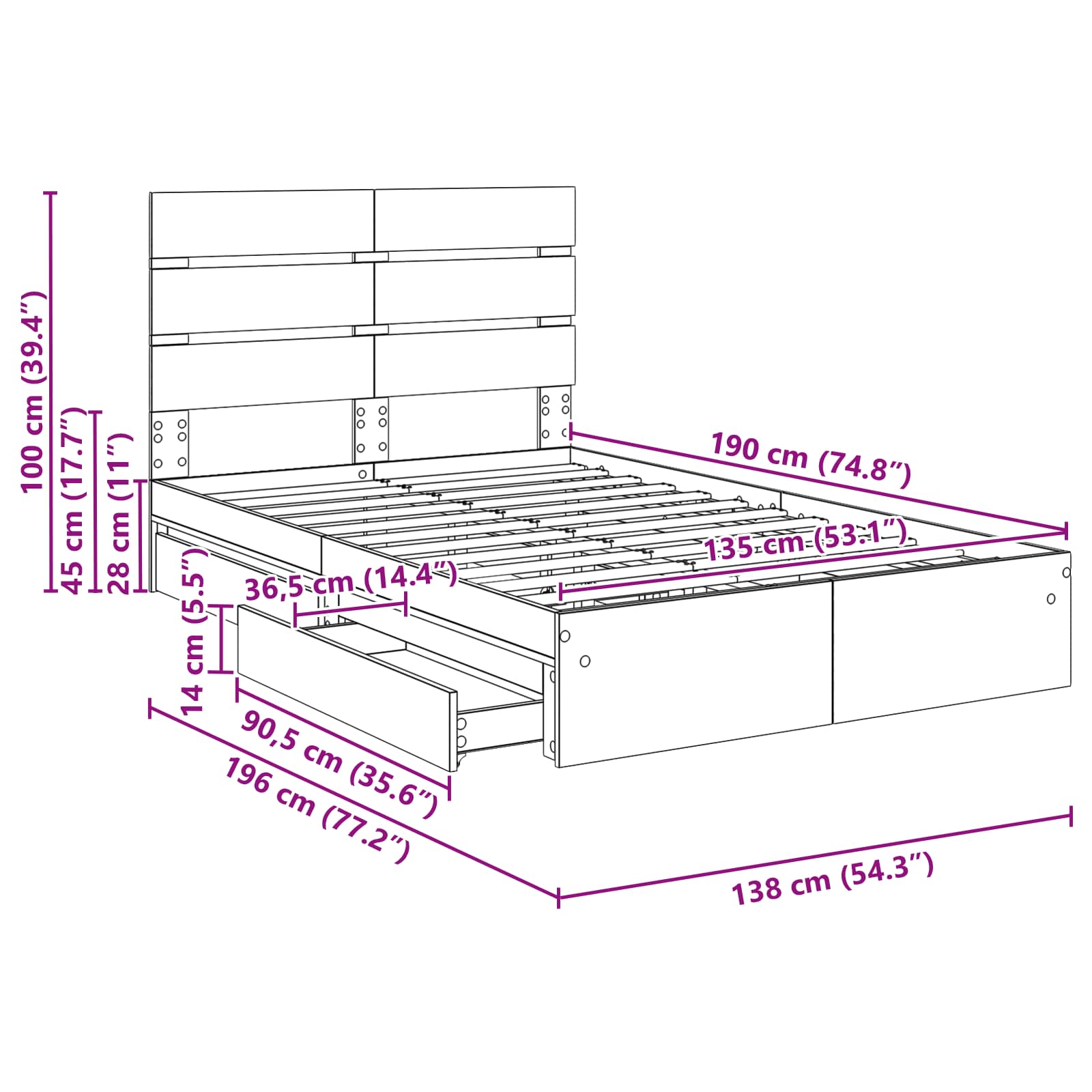 Krevet s od storage s uzglavljem Dimljeni hrast 135 x 190 cm