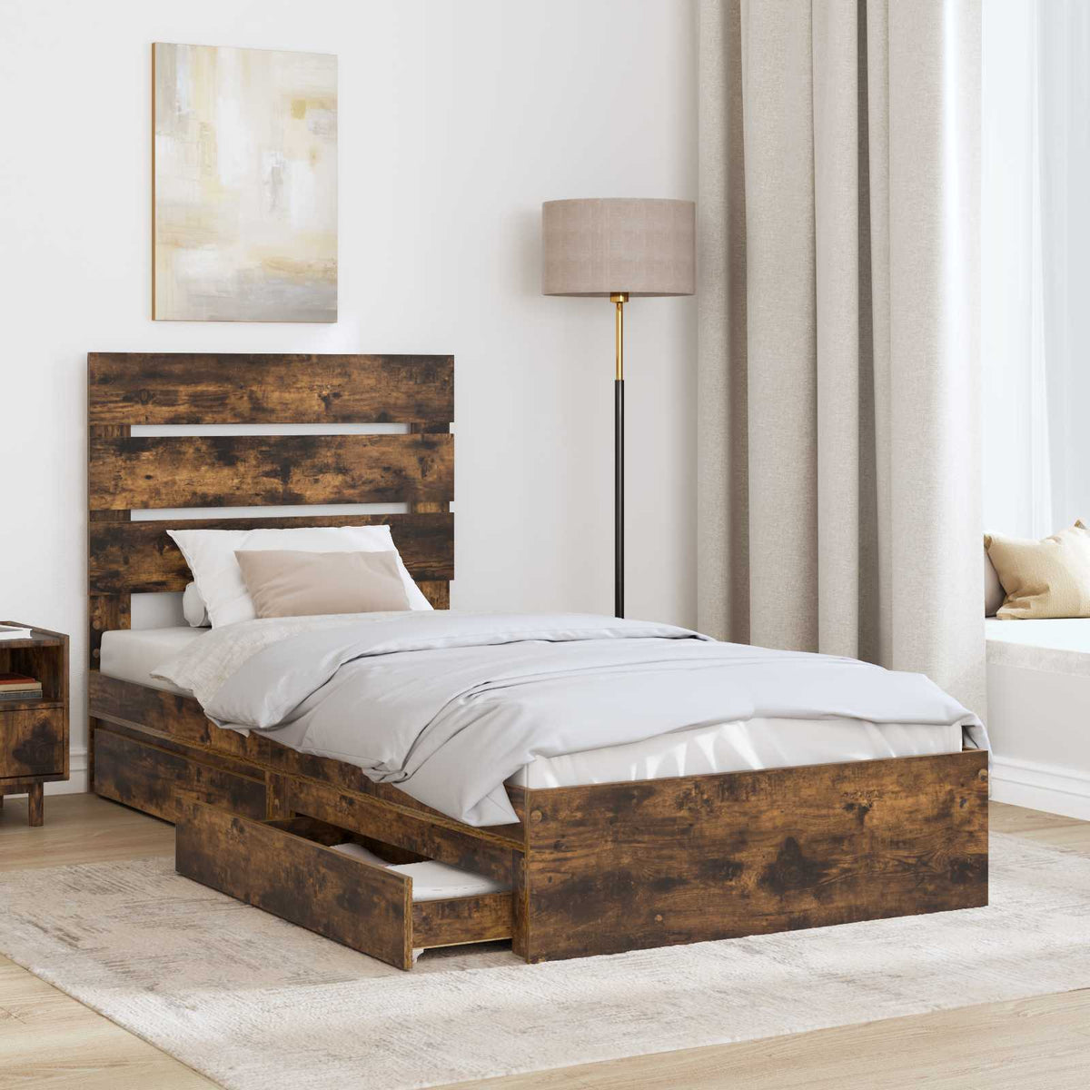Krevet s od storage s ladicama Dimljeni hrast 100 x 200 cm Smeđa 206 x 102 x 100 cm