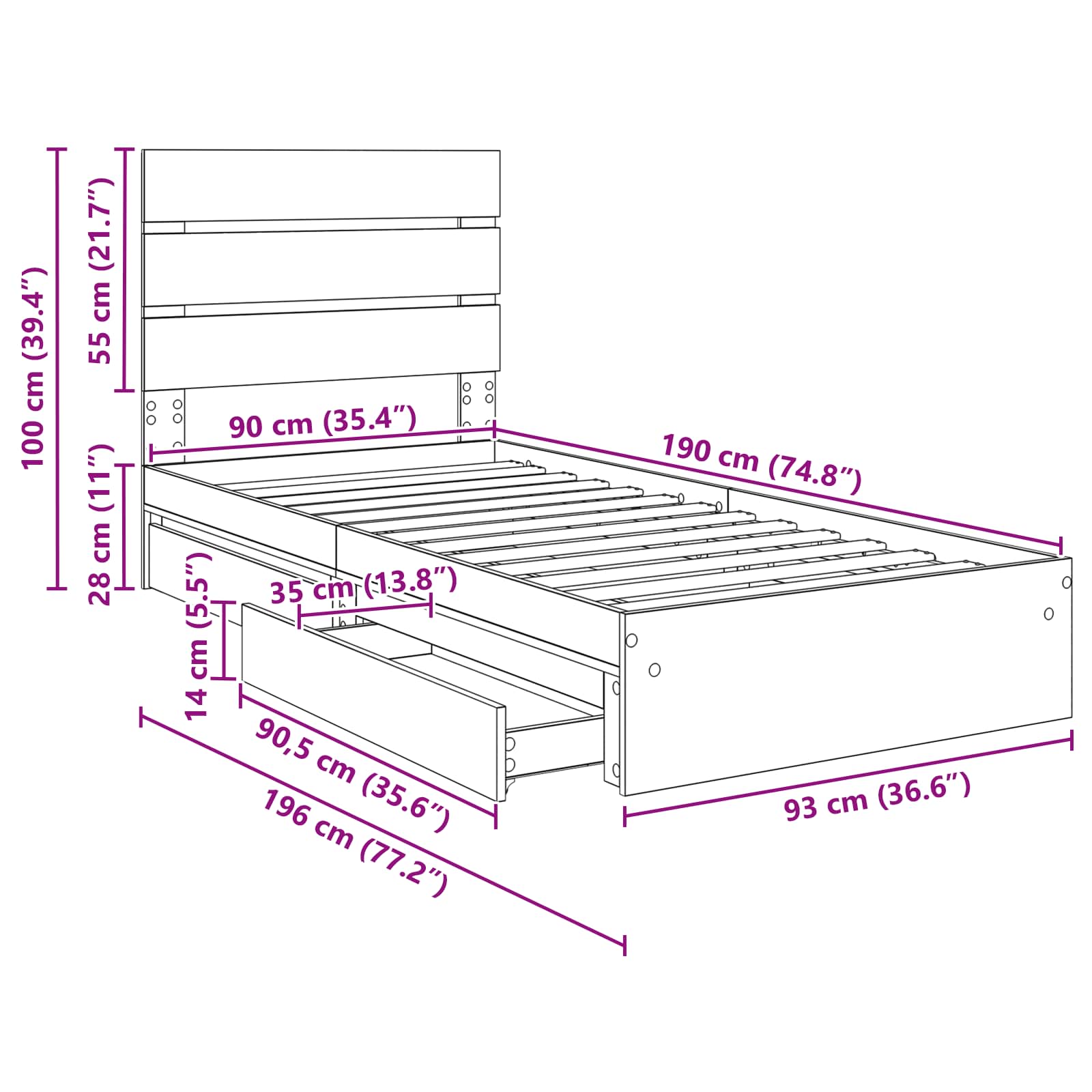 Krevet s od storage Sonoma hrast 90 x 190 cm Konstruirano drvo