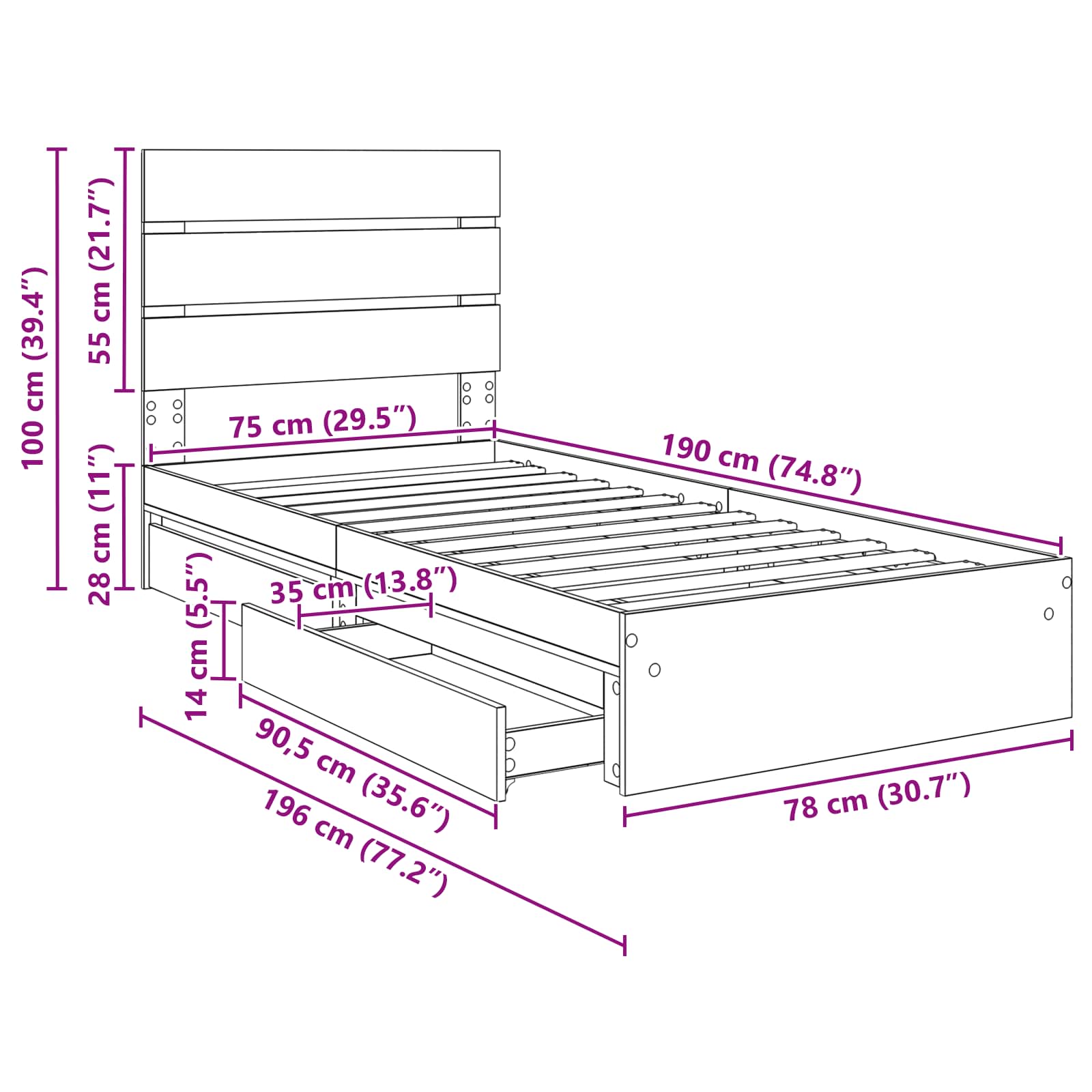 Krevet s od storage Sonoma hrast 70 x 190 cm Konstruirano drvo