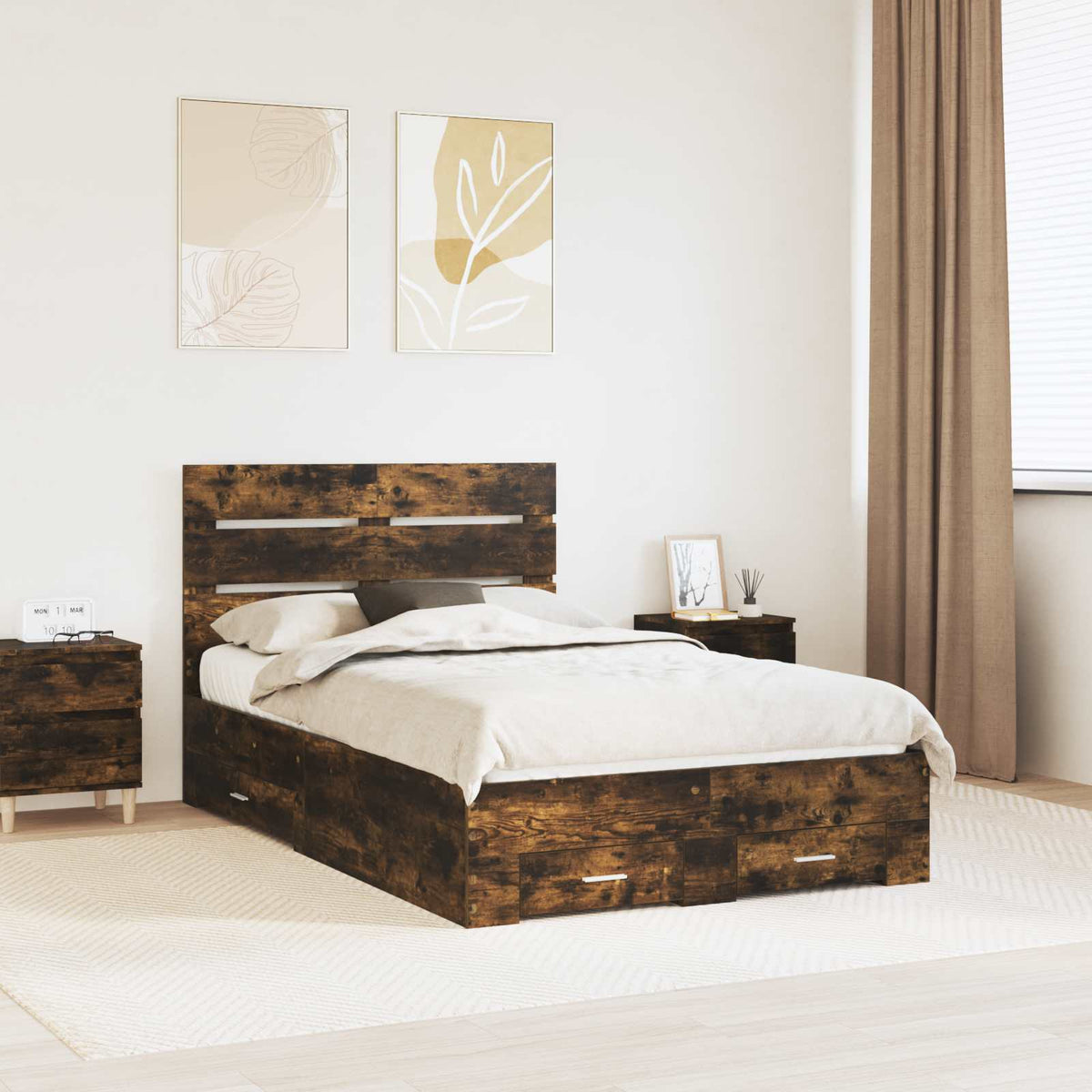 Krevetna konstrukcija s ladicama Dimljeni hrast 120 x 200 cm Smeđa 203 x 123 x 100 cm