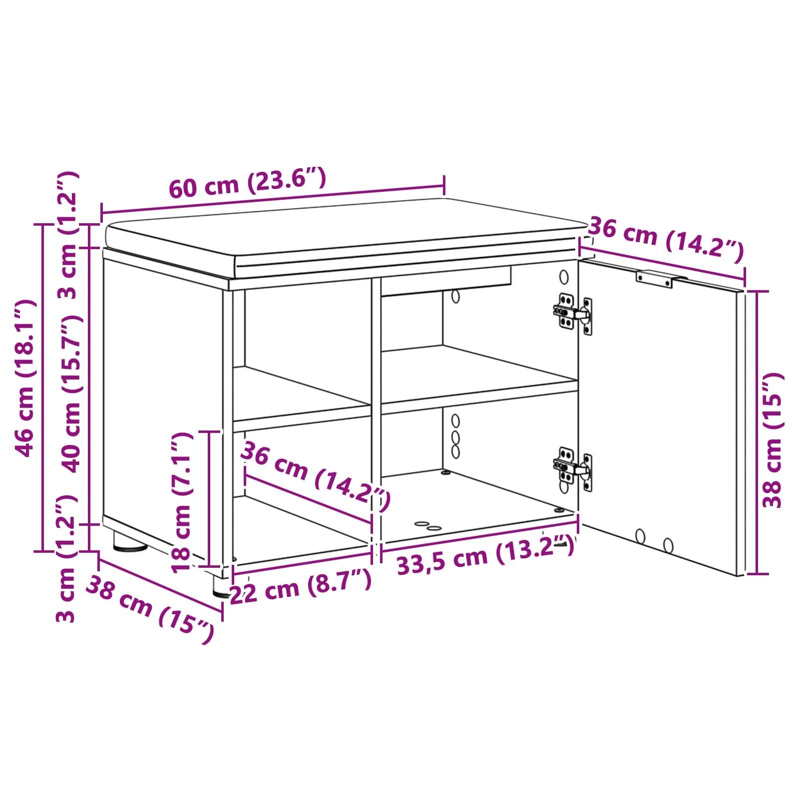 Klupa za hodnik s jastukom s policom Crni Hrast 60 x 38 x 46 cm