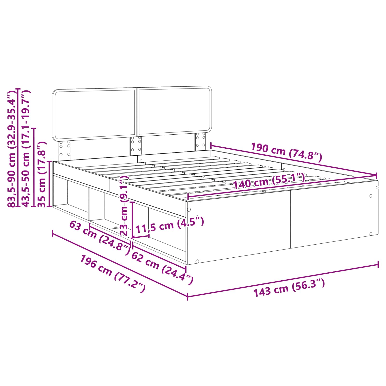 Krevetna konstrukcija s uzglavljem Staro drvo 140 x 190 cm