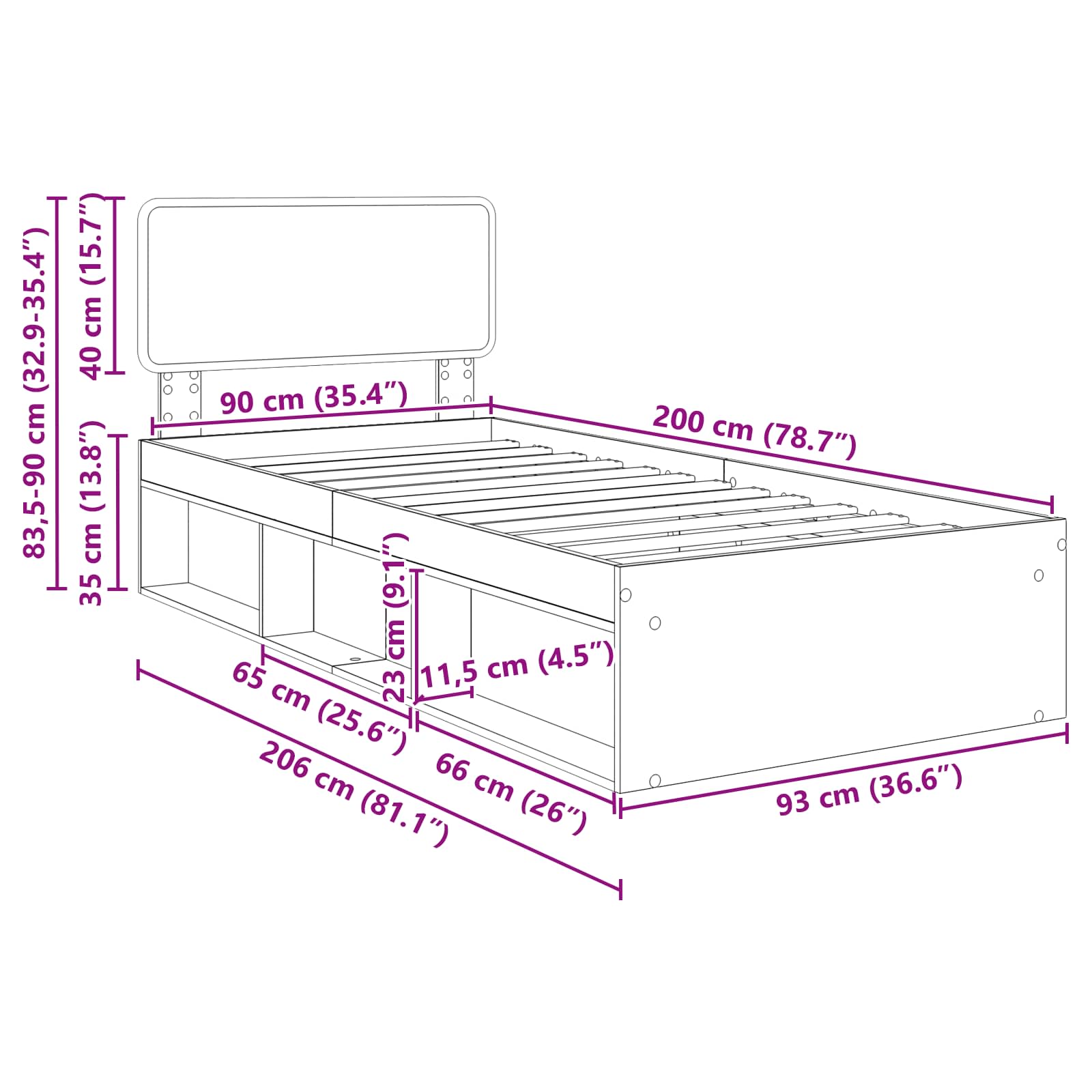 Krevetna konstrukcija Beton 90 x 200 cm Čvrsto borovo drvo