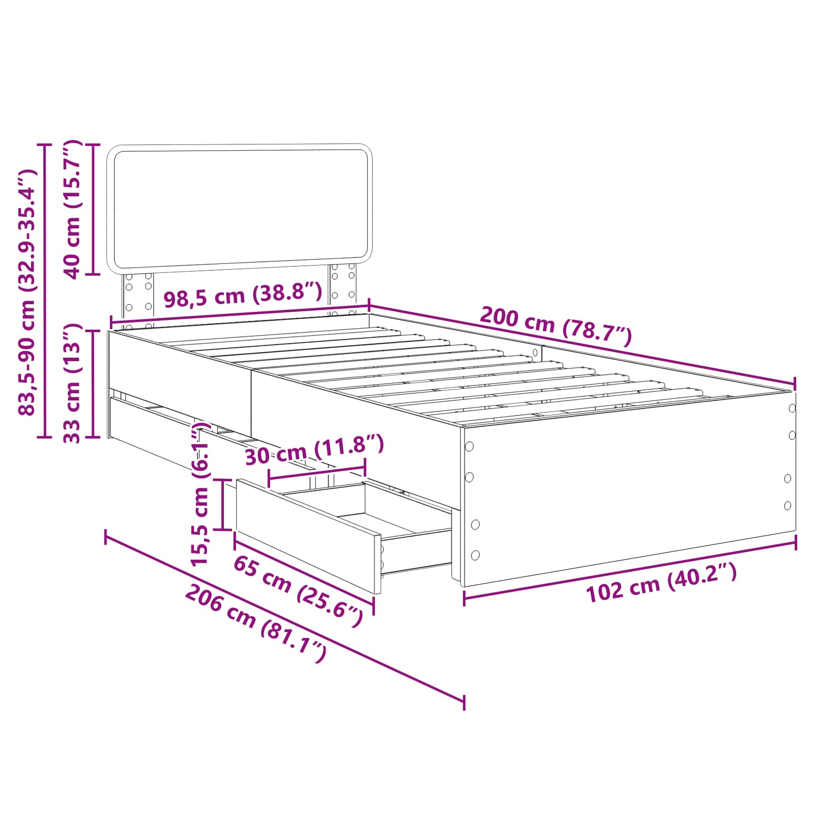 Krevetna konstrukcija s ladicama Sonoma hrast 100 x 200 cm