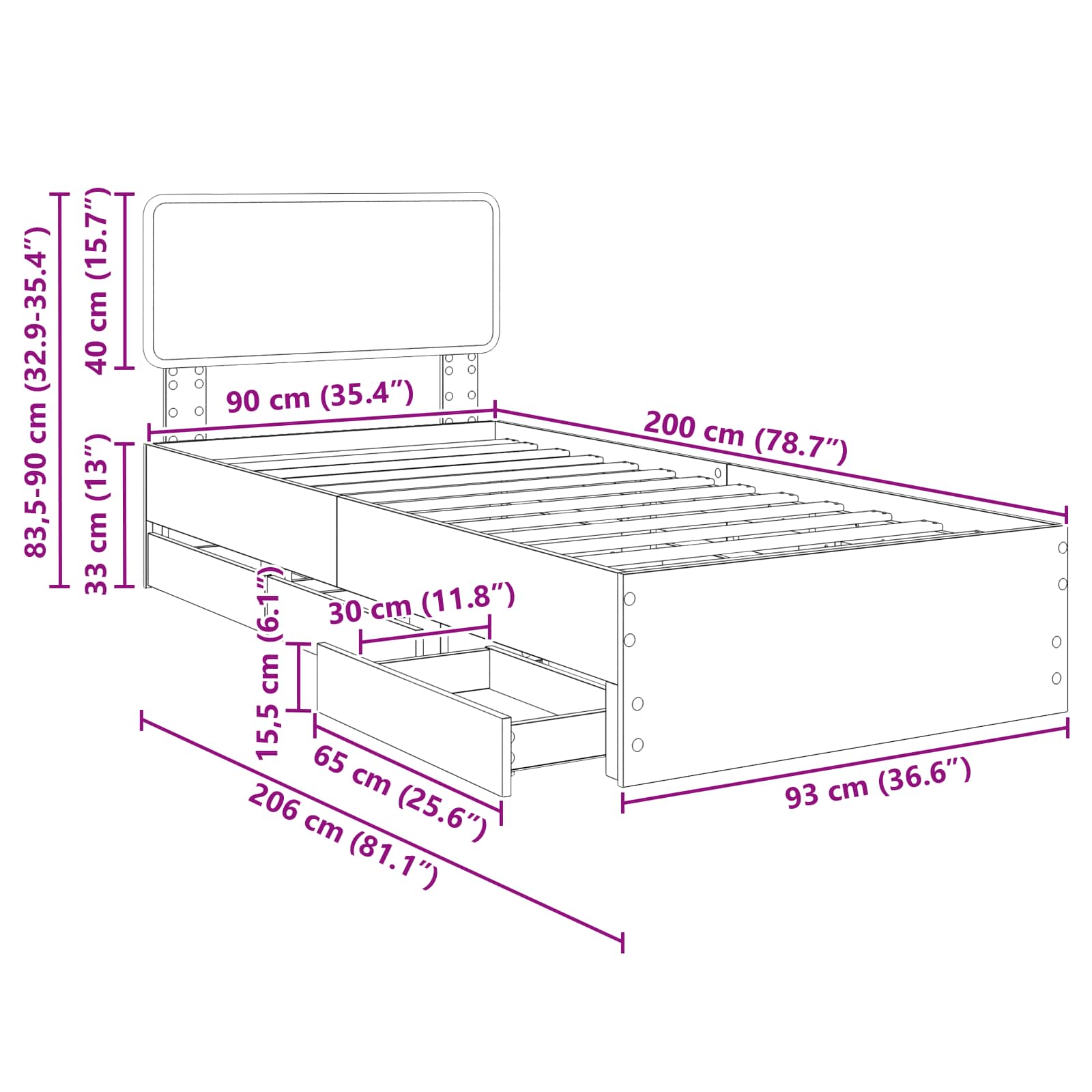 Krevetna konstrukcija s ladicama Betonsko Siva 90 x 200 cm