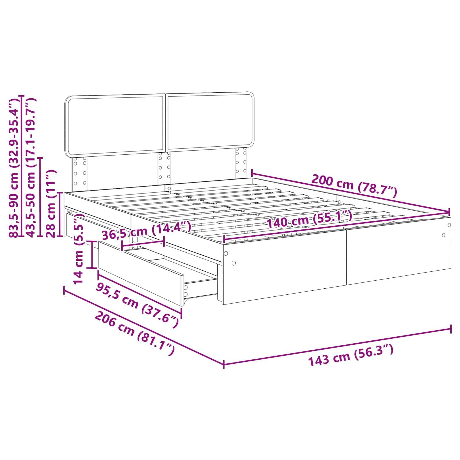 Krevet s od storage Bijelo 140 x 200 cm Konstruirano drvo