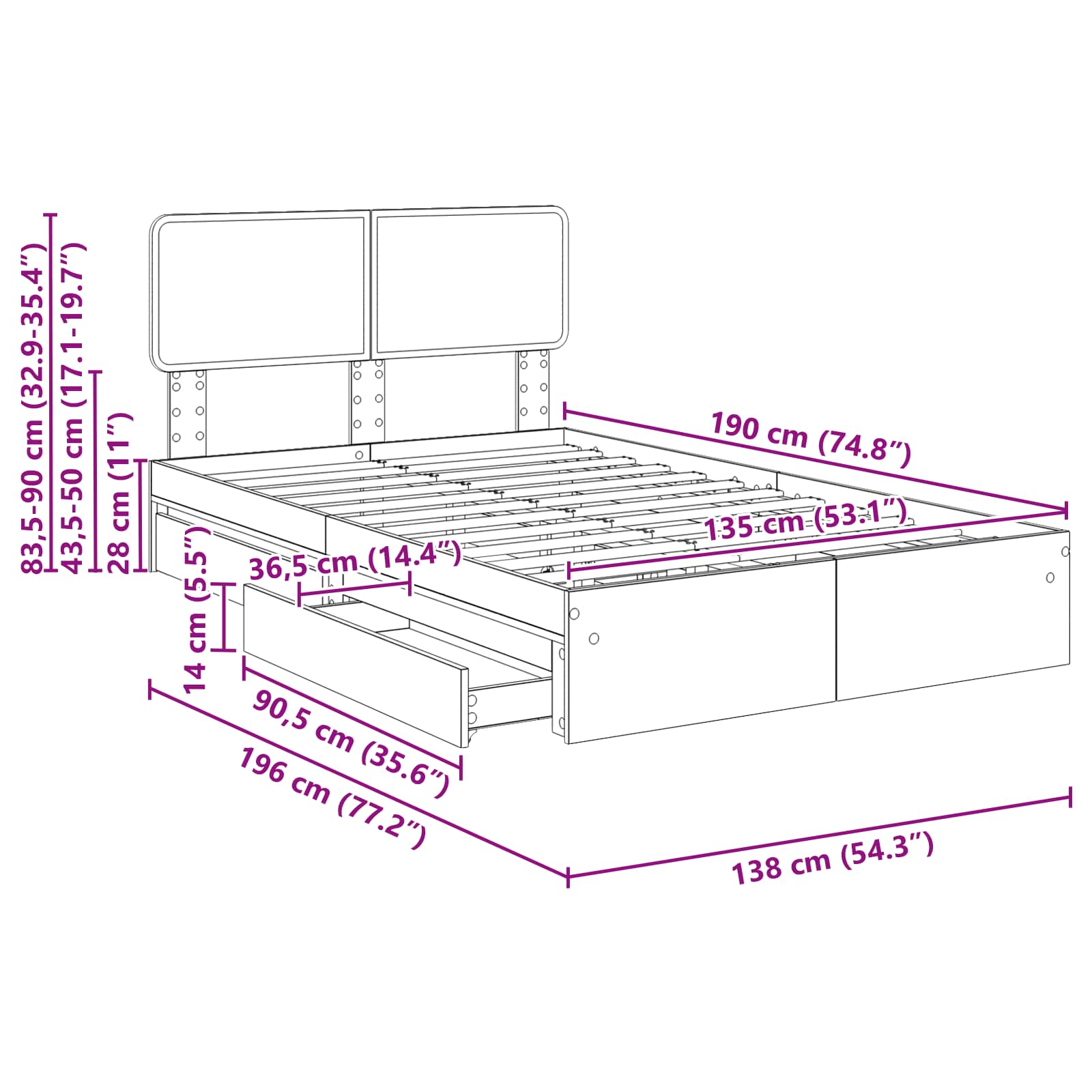Krevet s od storage Sonoma hrast 135 x 190 cm Konstruirano drvo