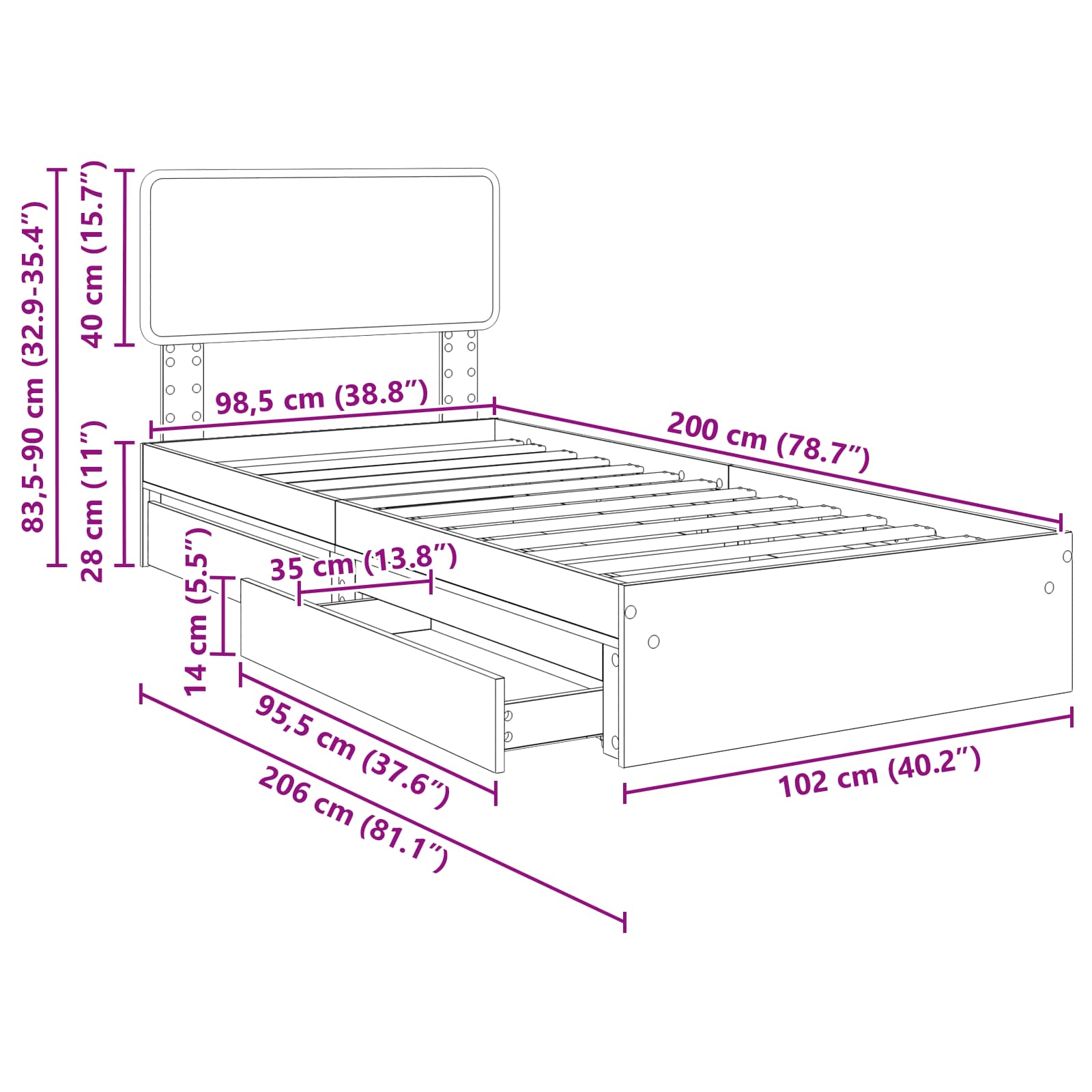 Krevet s od storage Siva Sonoma 100 x 200 cm Konstruirano drvo