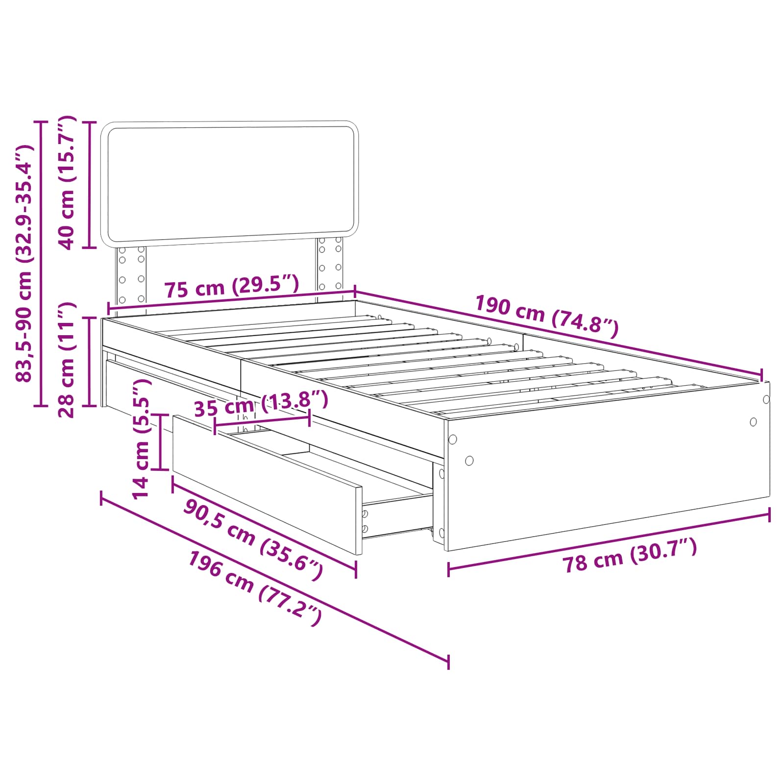 Krevet s od storage Smeđi hrast 75 x 190 cm Konstruirano drvo