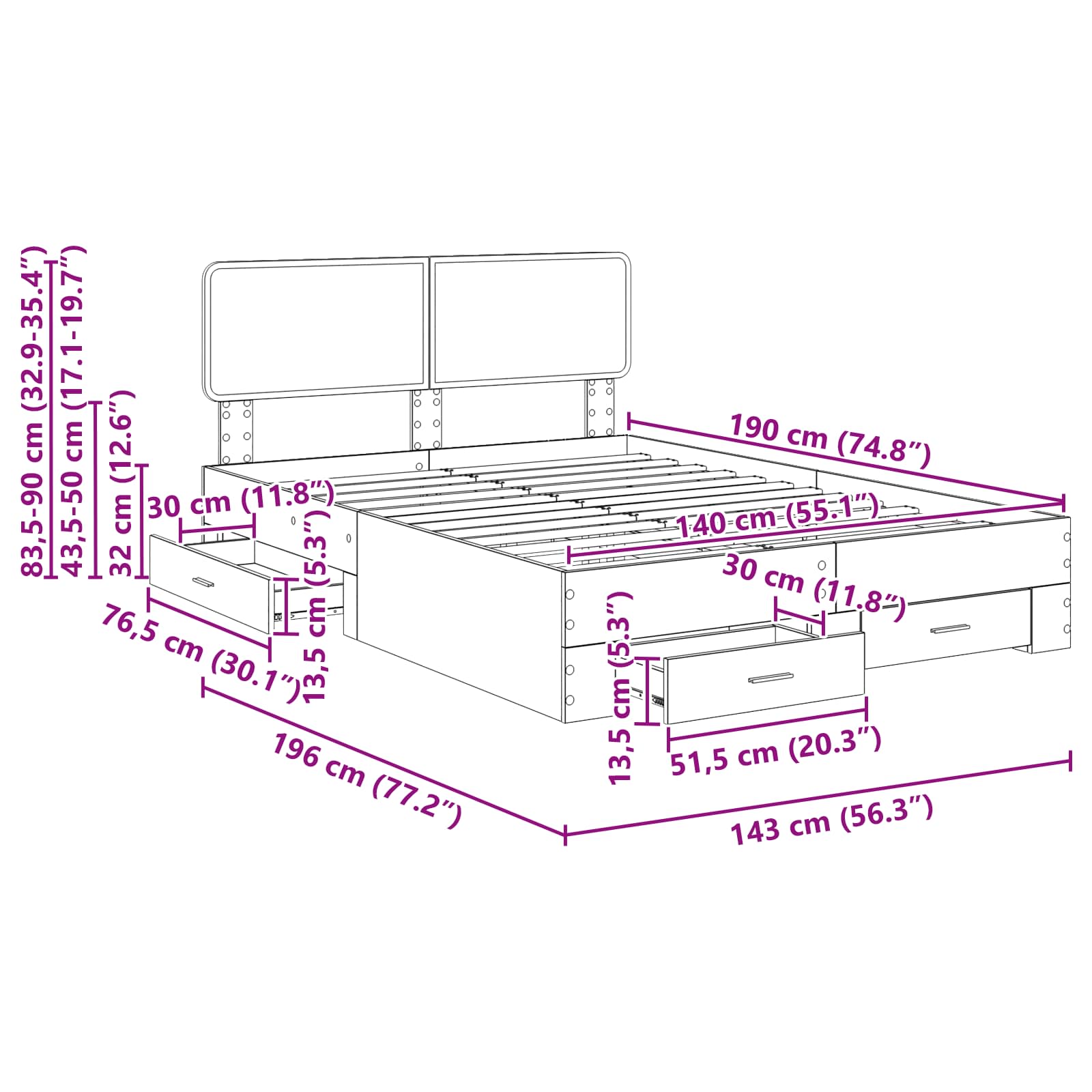 Krevetna konstrukcija s uzglavljem Siva Sonoma 140 x 190 cm