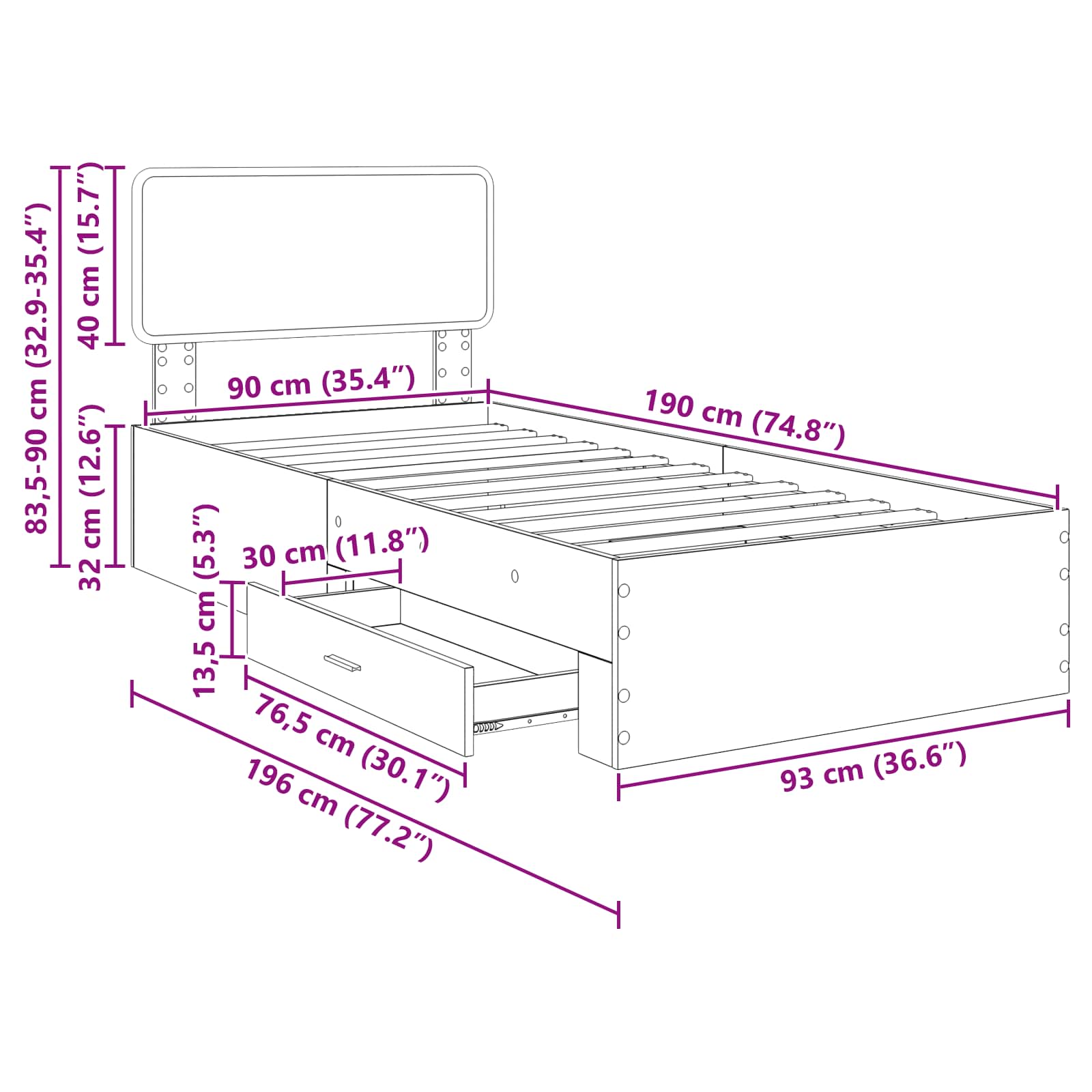 Krevetna konstrukcija s uzglavljem Umjetnički hrast 90 x 190 cm