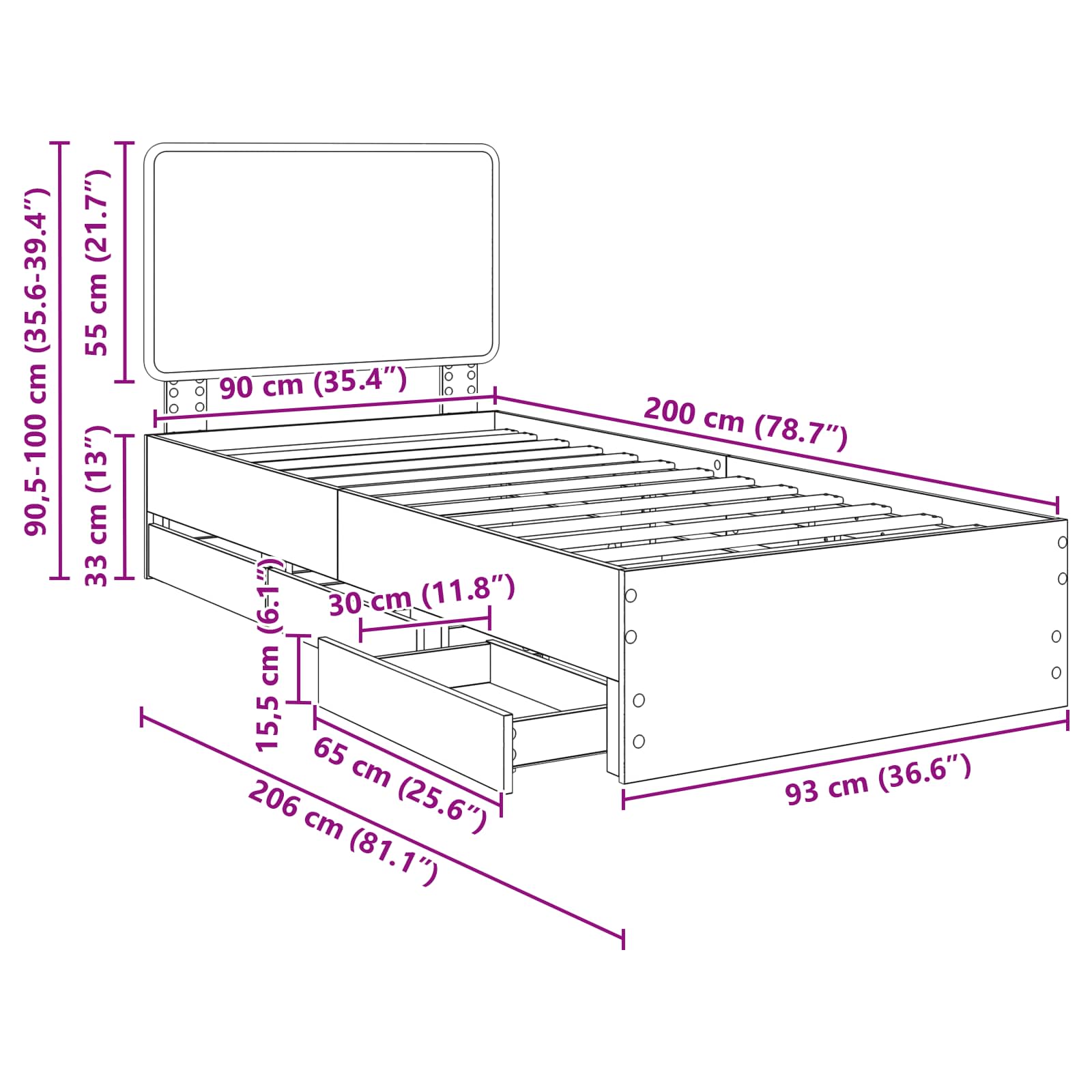 Krevetna konstrukcija Crna 90 x 200 cm Inženjersko Drvo