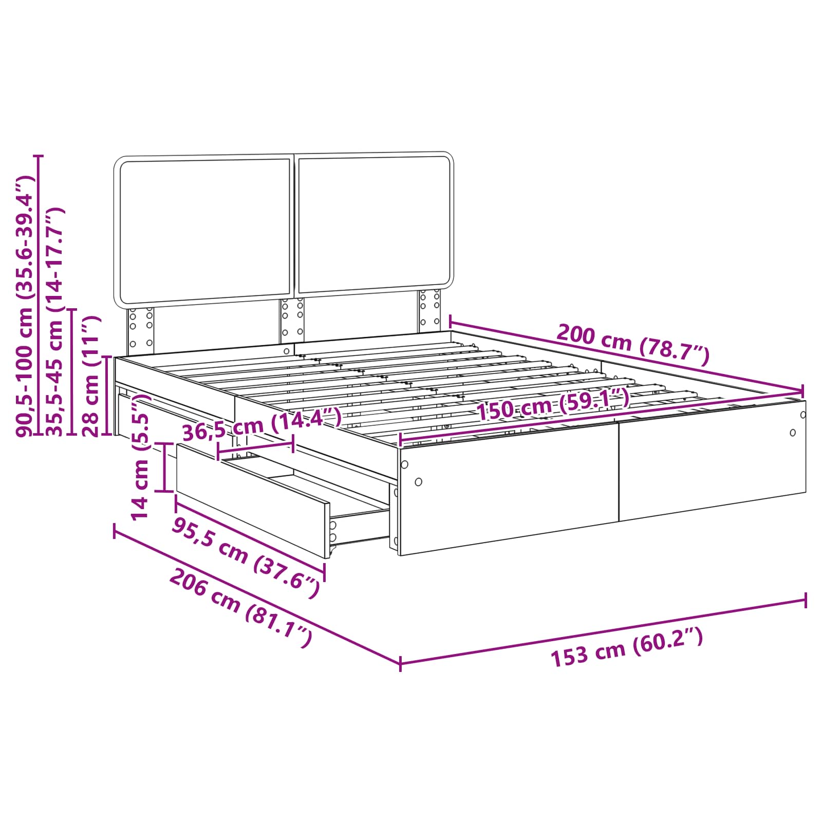 Krevet s od storage s uzglavljem Betonski sivi 150 x 200 cm