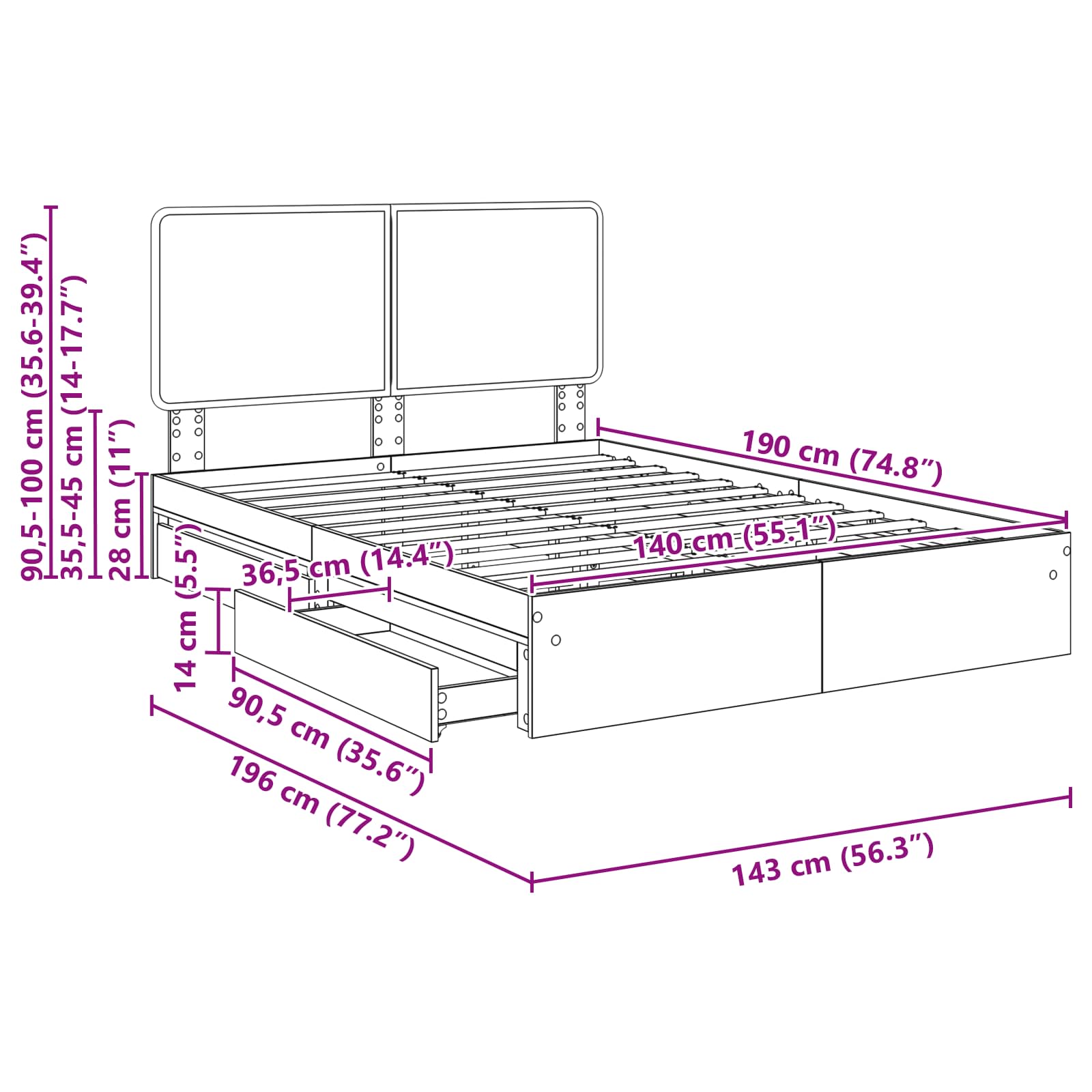 Krevet s od storage Sonoma hrast 140 x 190 cm Konstruirano drvo