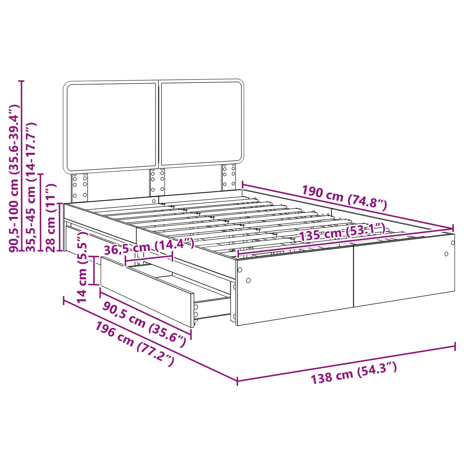 Krevet s od storage s uzglavljem Betonski sivi 135 x 190 cm