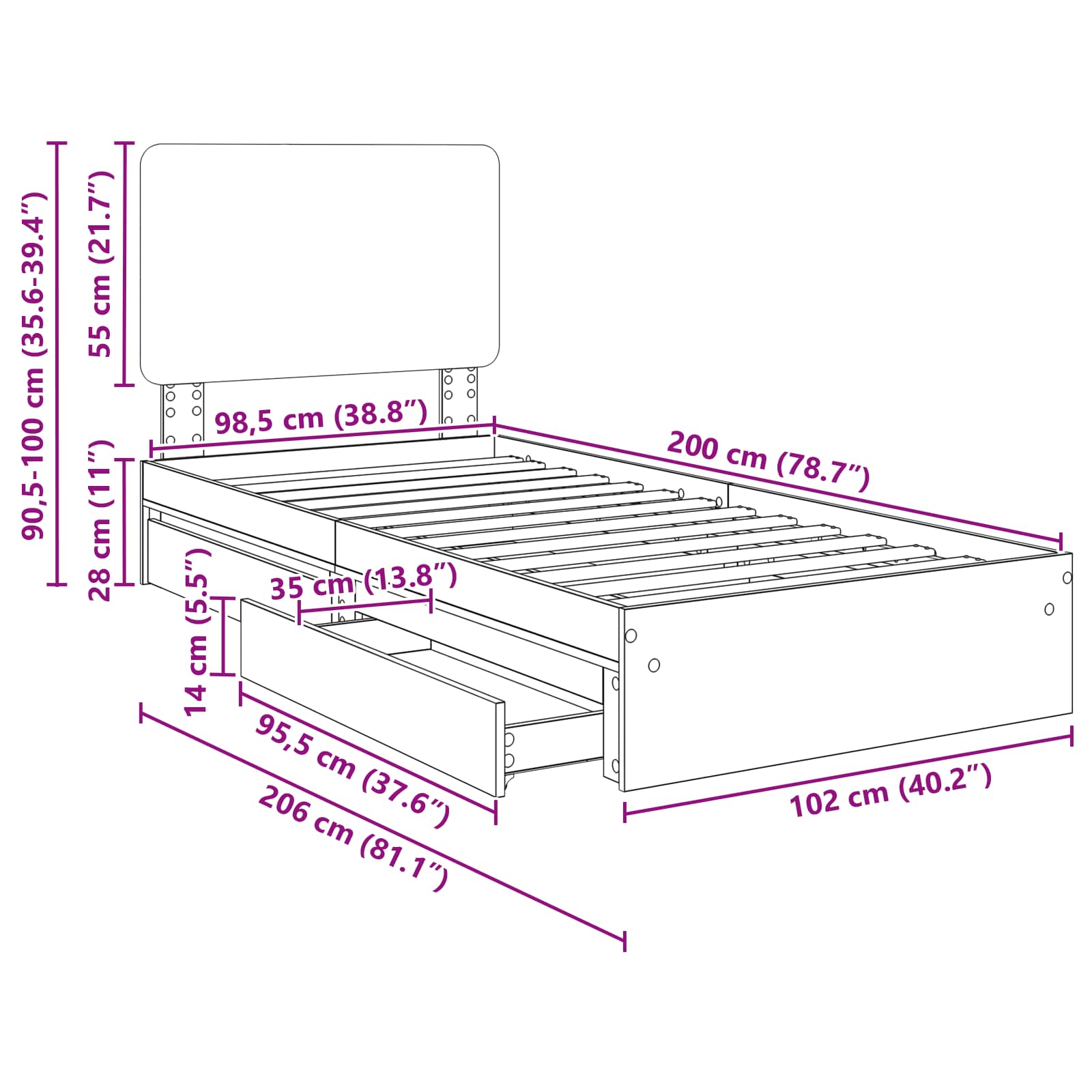 Krevet s od storage s uzglavljem Dimljeni hrast 100 x 200 cm