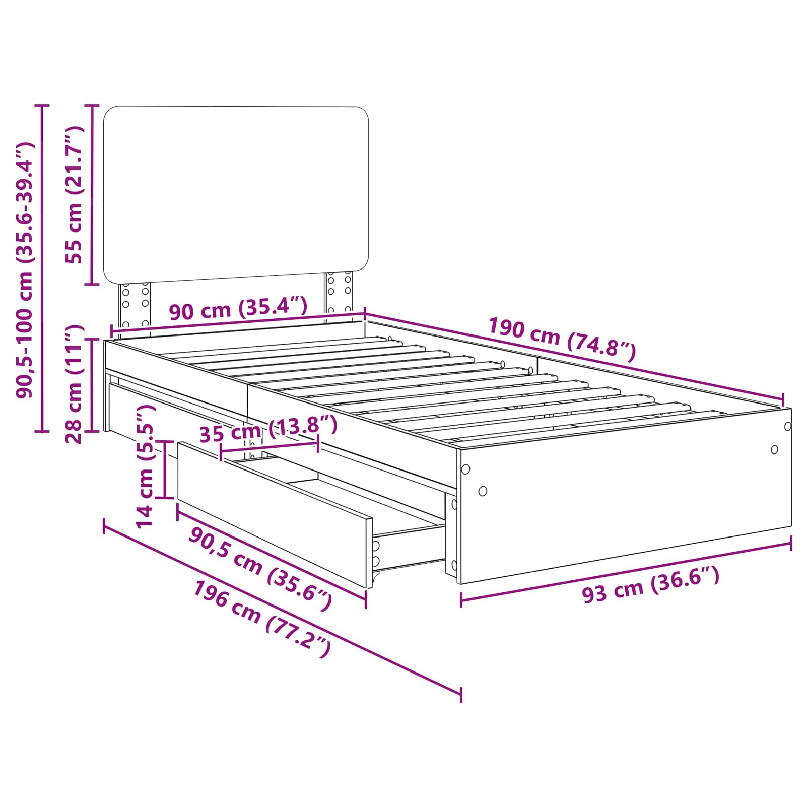 Krevet s od storage Betonski sivi 90 x 190 cm Konstruirano drvo